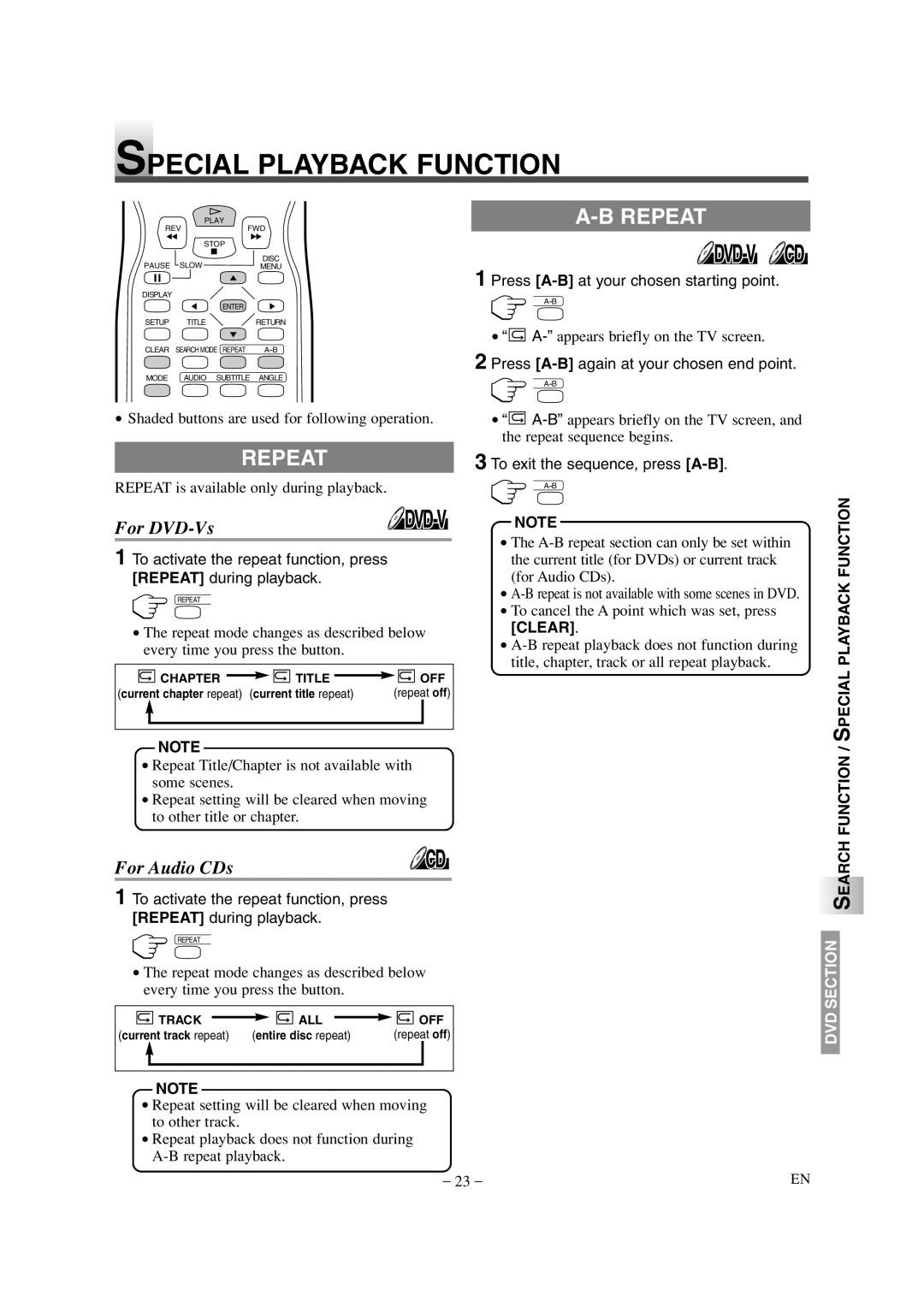 Sylvania SSL15D6 owner manual Special Playback Function, Repeat, Clear, Search Function 