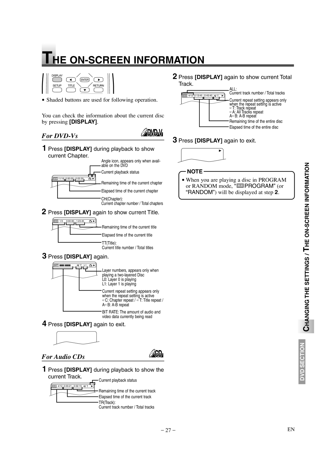 Sylvania SSL15D6 owner manual ON-SCREEN Information, Changing the Settings / the ON-SCREEN 