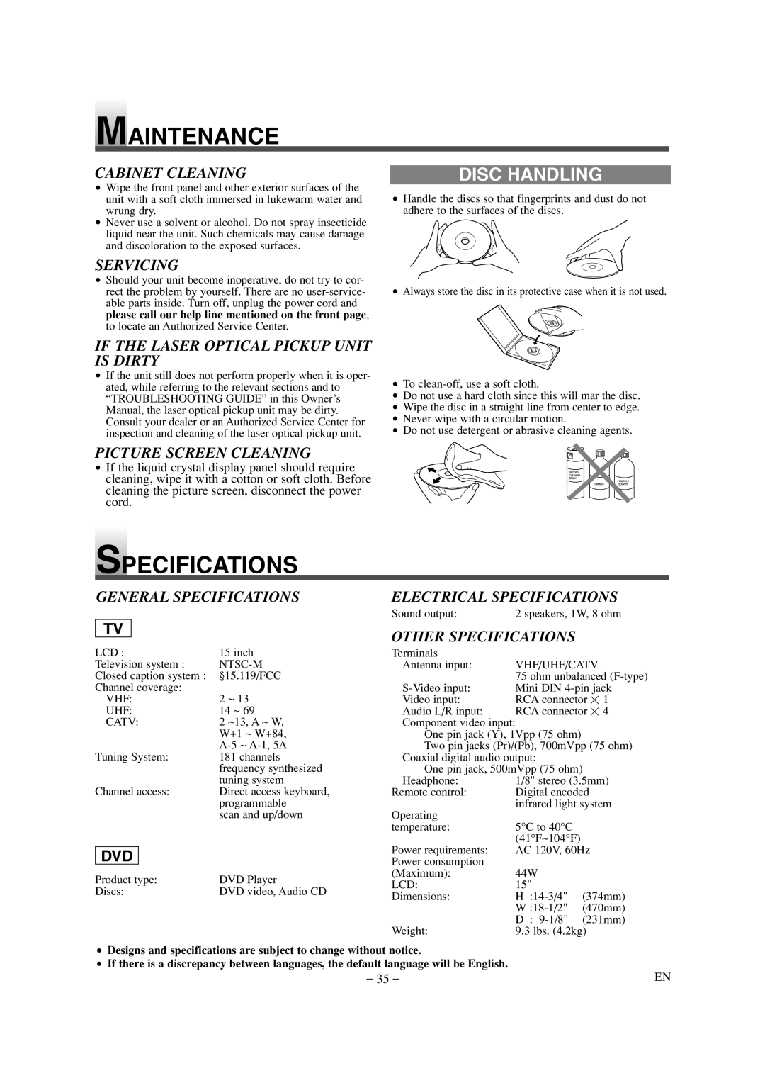 Sylvania SSL15D6 owner manual Maintenance, Specifications, Disc Handling, Dvd 