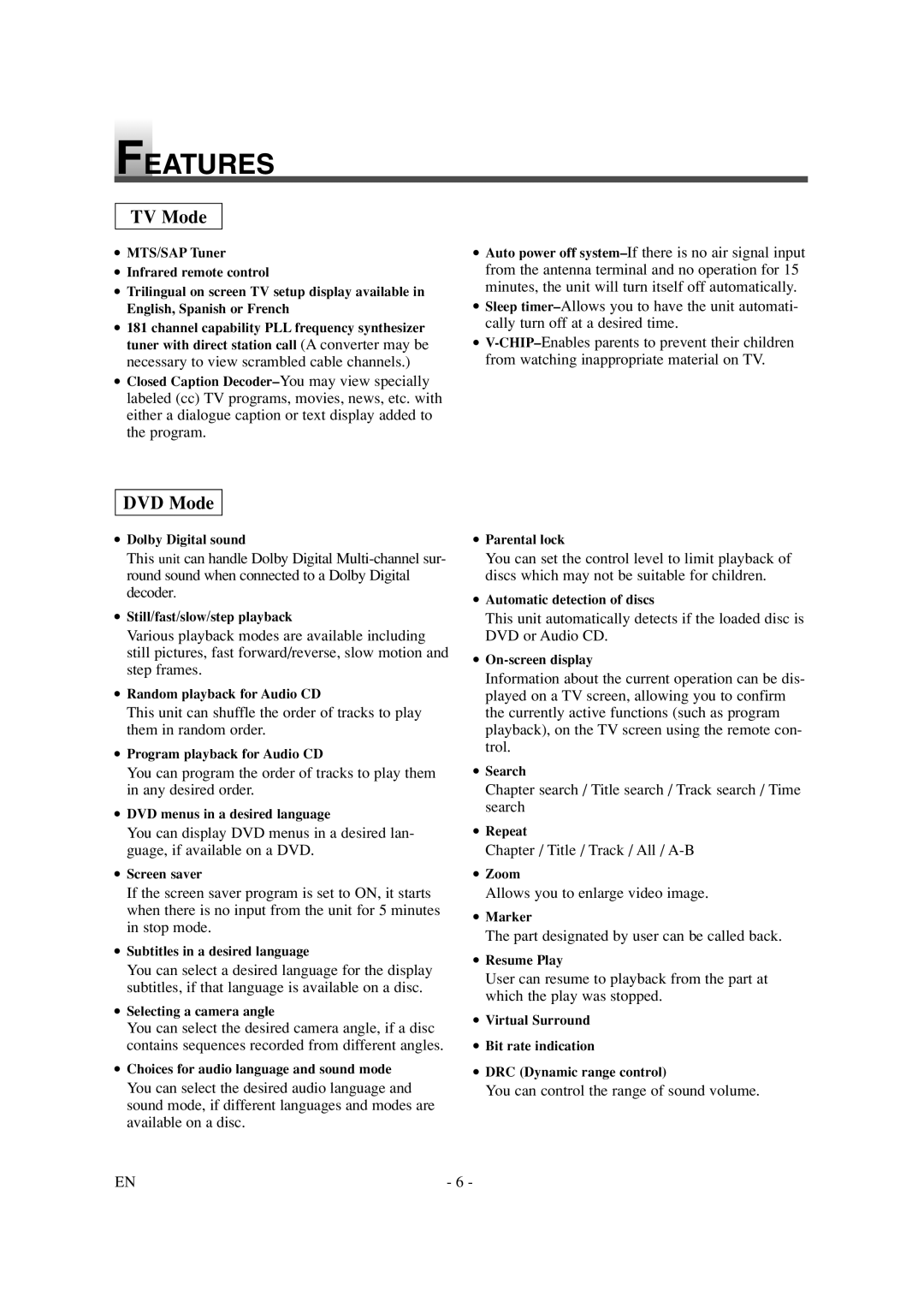 Sylvania SSL15D6 owner manual Features, TV Mode 