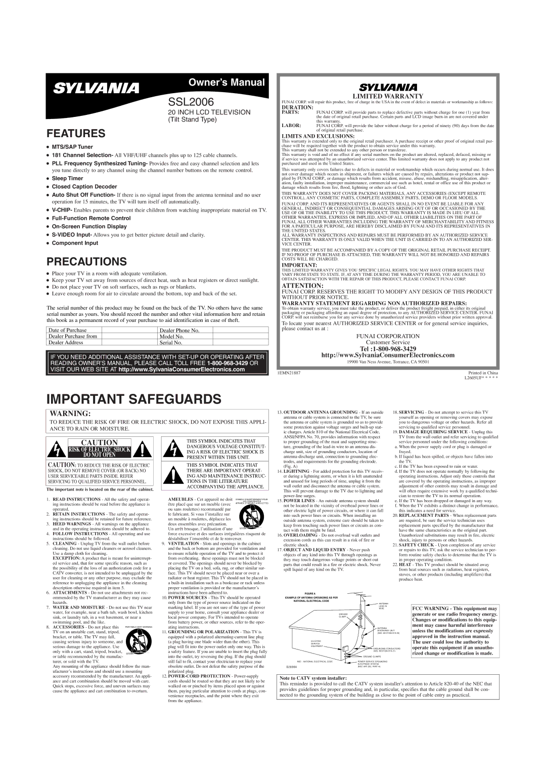 Sylvania SSL2006 owner manual Features, Precautions, Limited Warranty, Tel 