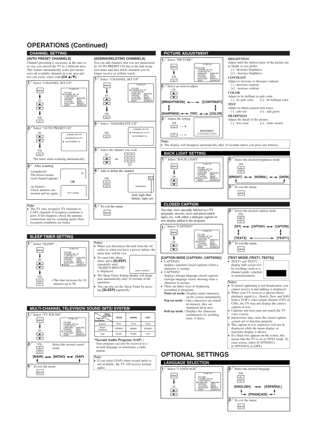 Sylvania SSL2006 owner manual Operations, Optional Settings 