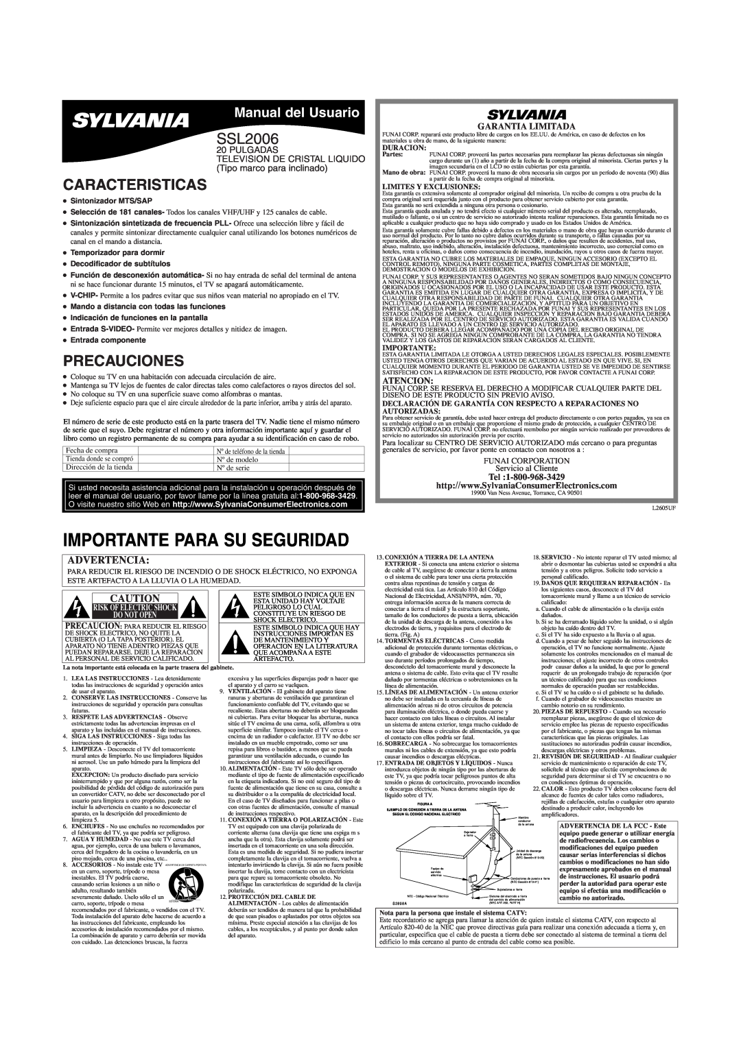 Sylvania SSL2006 Caracteristicas, Precauciones, Manual del Usuario, Garantia Limitada, Atencion, Duracion, Importante 