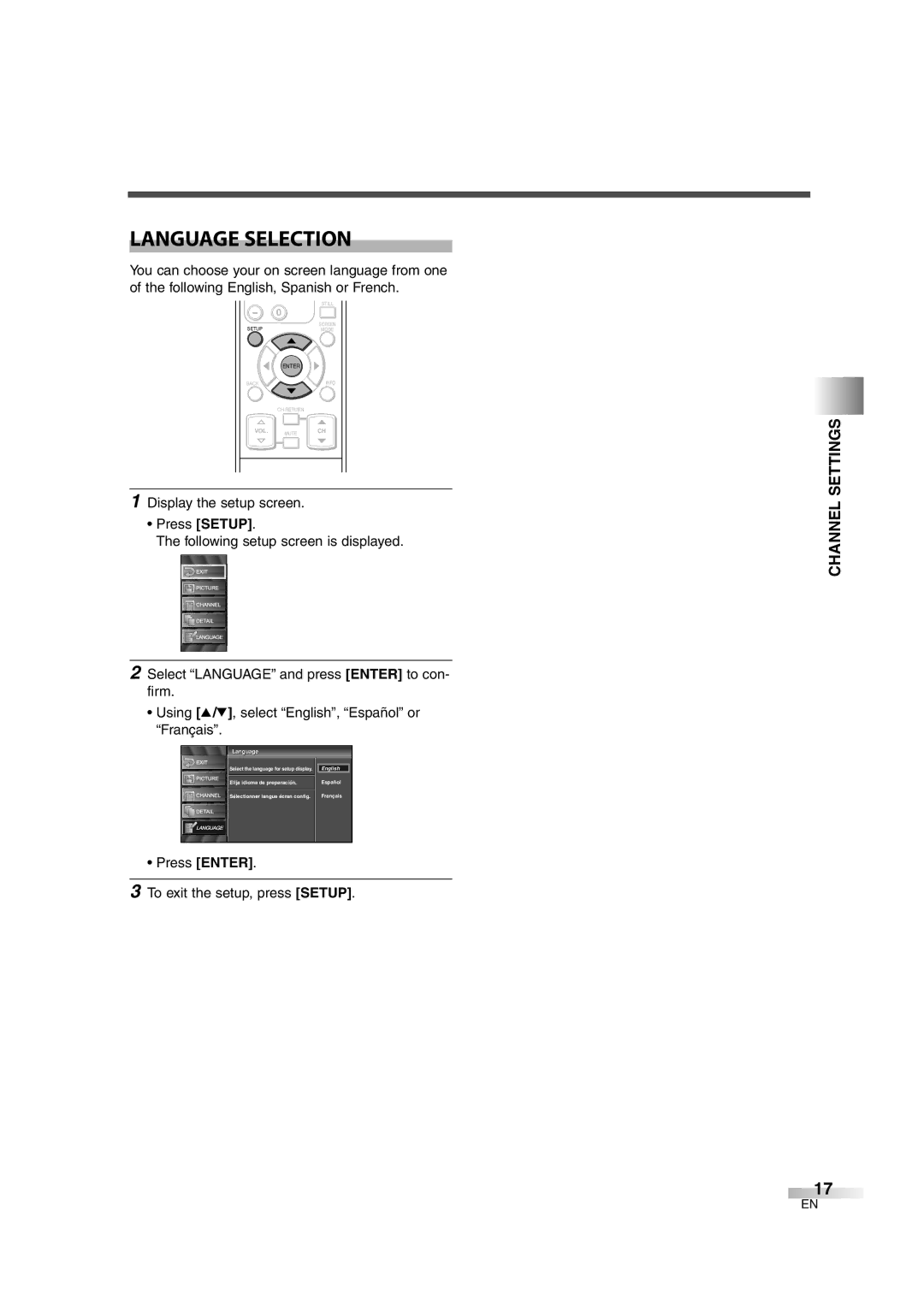 Sylvania SSL2606 owner manual Language Selection, Press Enter To exit the setup, press Setup 