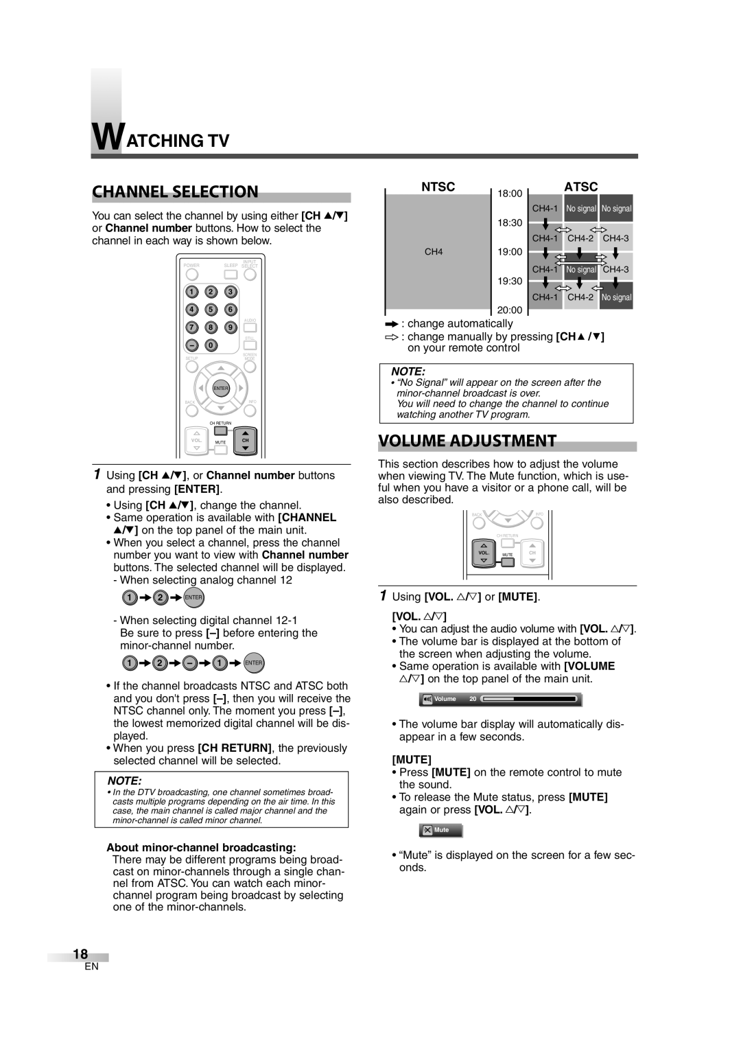 Sylvania SSL2606 owner manual Watching TV Channel Selection, Volume Adjustment, Ntsc, Atsc, Mute 