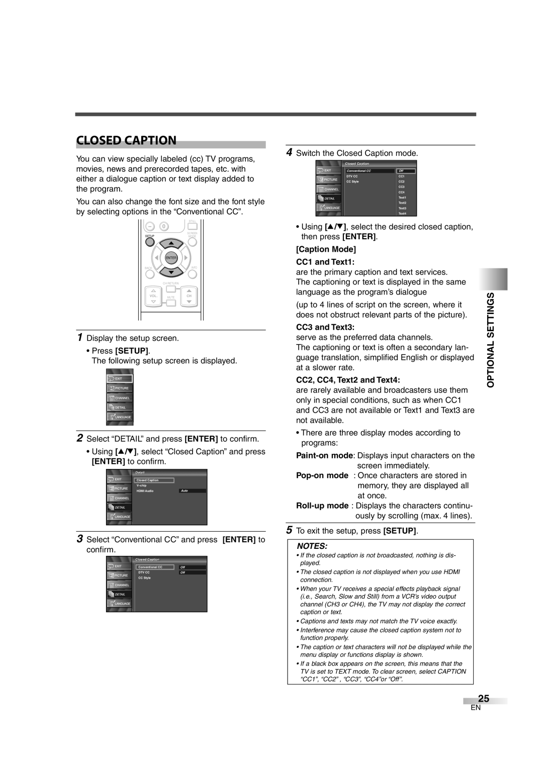 Sylvania SSL2606 owner manual Closed Caption, Caption Mode CC1 and Text1, CC3 and Text3, CC2, CC4, Text2 and Text4 