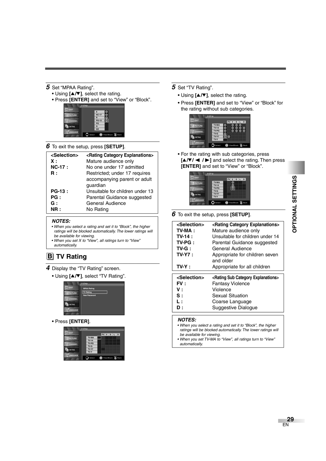 Sylvania SSL2606 owner manual Selection, NC-17, PG-13, TV-MA Mature audience only TV-14, Fantasy Violence, Sexual Situation 