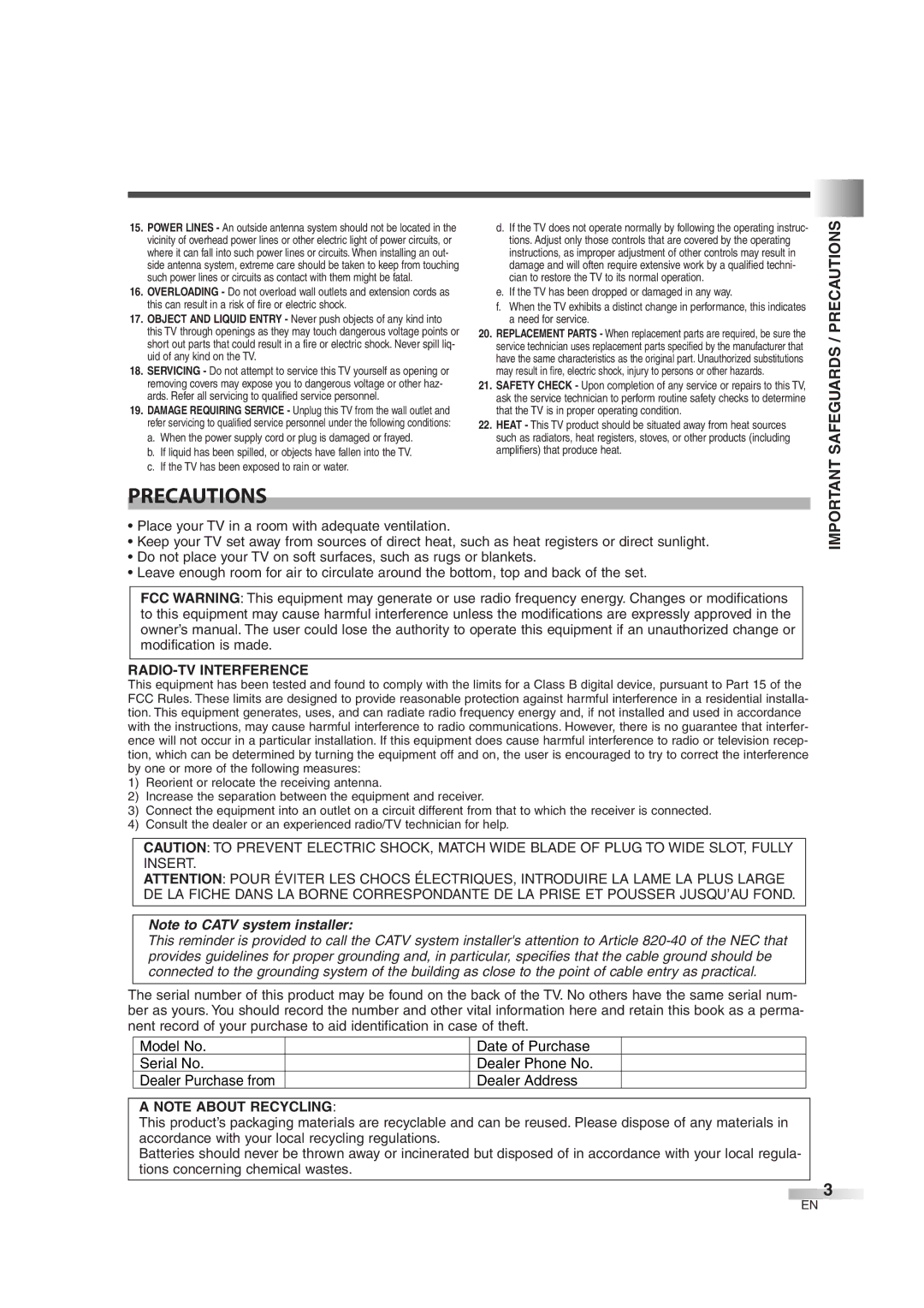 Sylvania SSL2606 owner manual Safeguards / Precautions, RADIO-TV Interference, Dealer Purchase from 