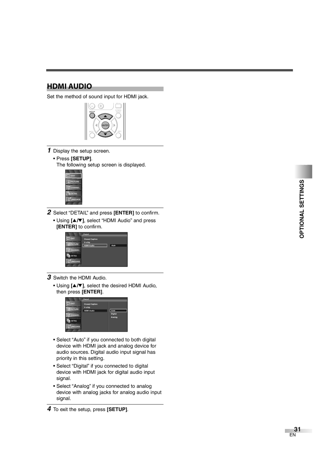 Sylvania SSL2606 owner manual Hdmi Audio, Set the method of sound input for Hdmi jack 