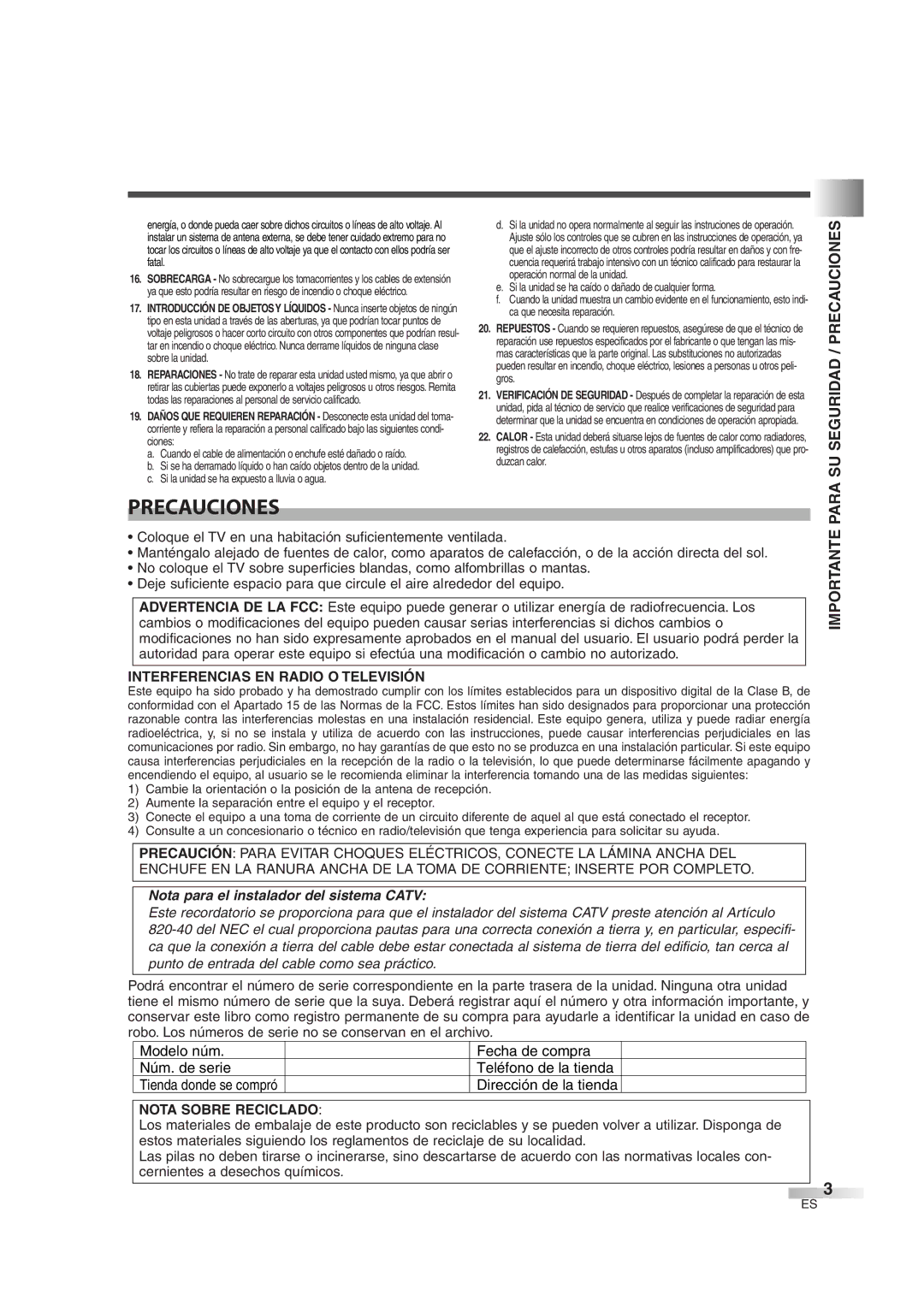 Sylvania SSL2606 owner manual SU Seguridad / Precauciones, Interferencias EN Radio O Televisión 