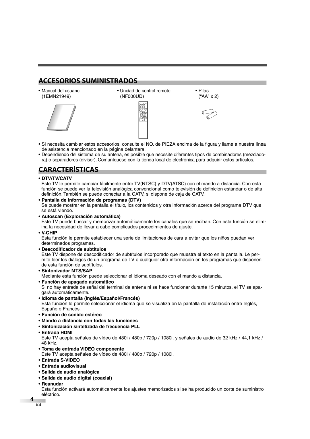 Sylvania SSL2606 owner manual Accesorios Suministrados, Características 