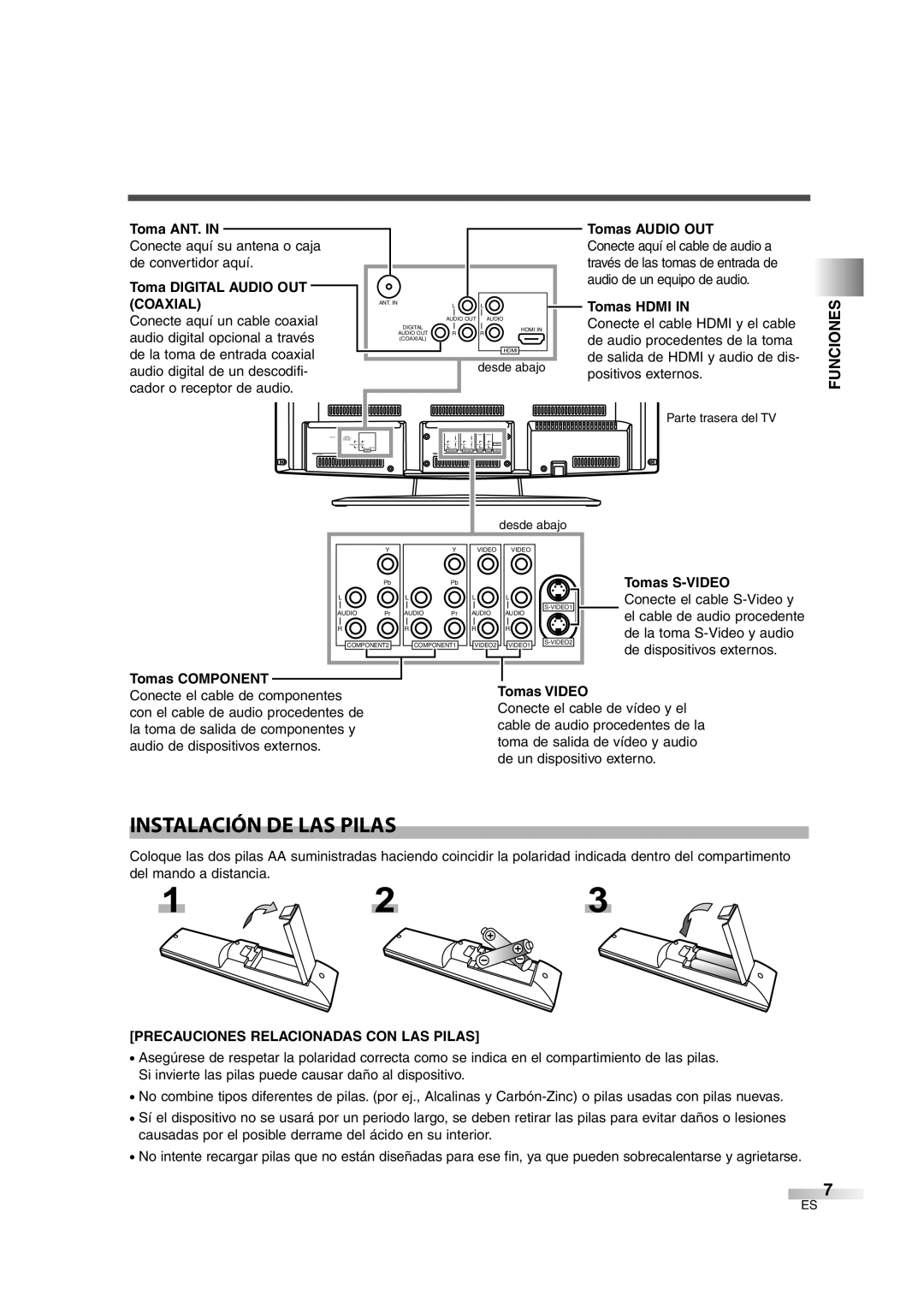 Sylvania SSL2606 owner manual Instalación DE LAS Pilas, Funciones, Precauciones Relacionadas CON LAS Pilas 