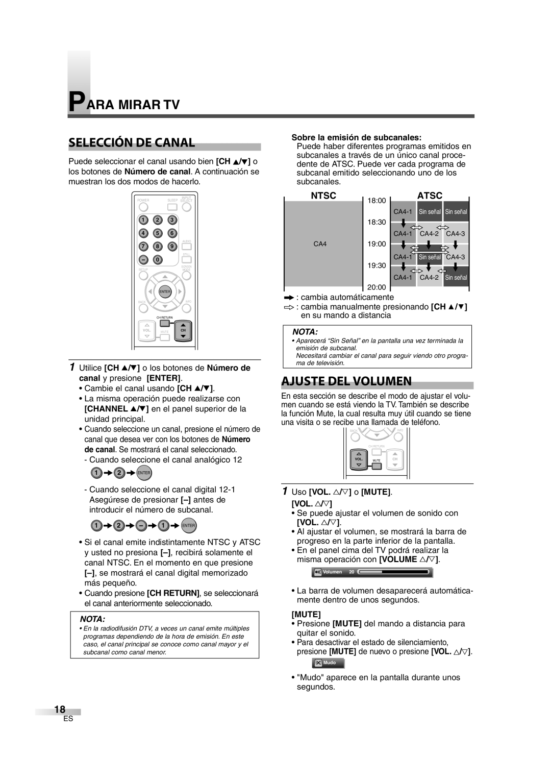 Sylvania SSL2606 owner manual Para Mirar TV Selección DE Canal, Ajuste DEL Volumen, Sobre la emisión de subcanales 