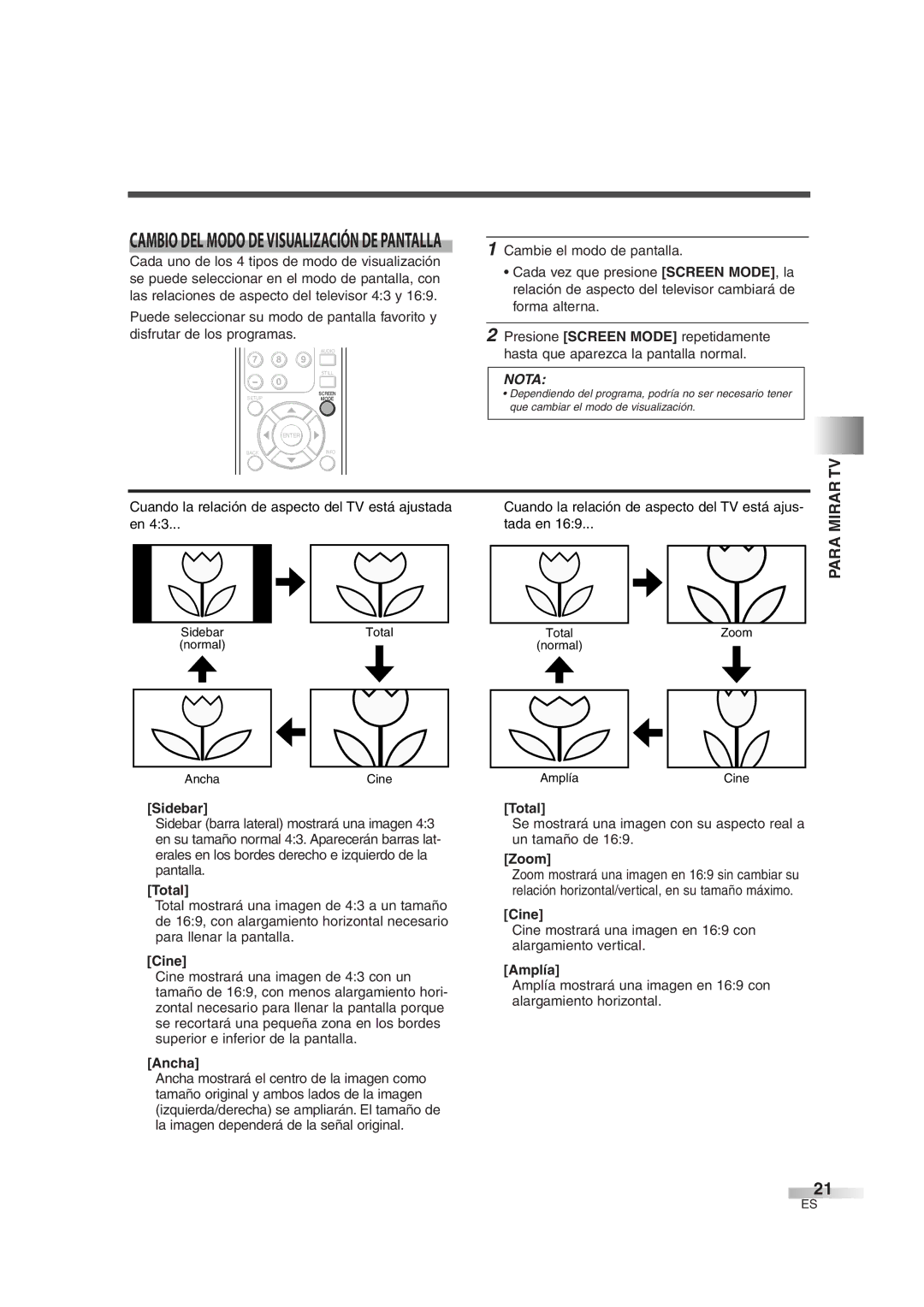 Sylvania SSL2606 owner manual Para Mirar TV, Total, Cine, Ancha, Amplía 