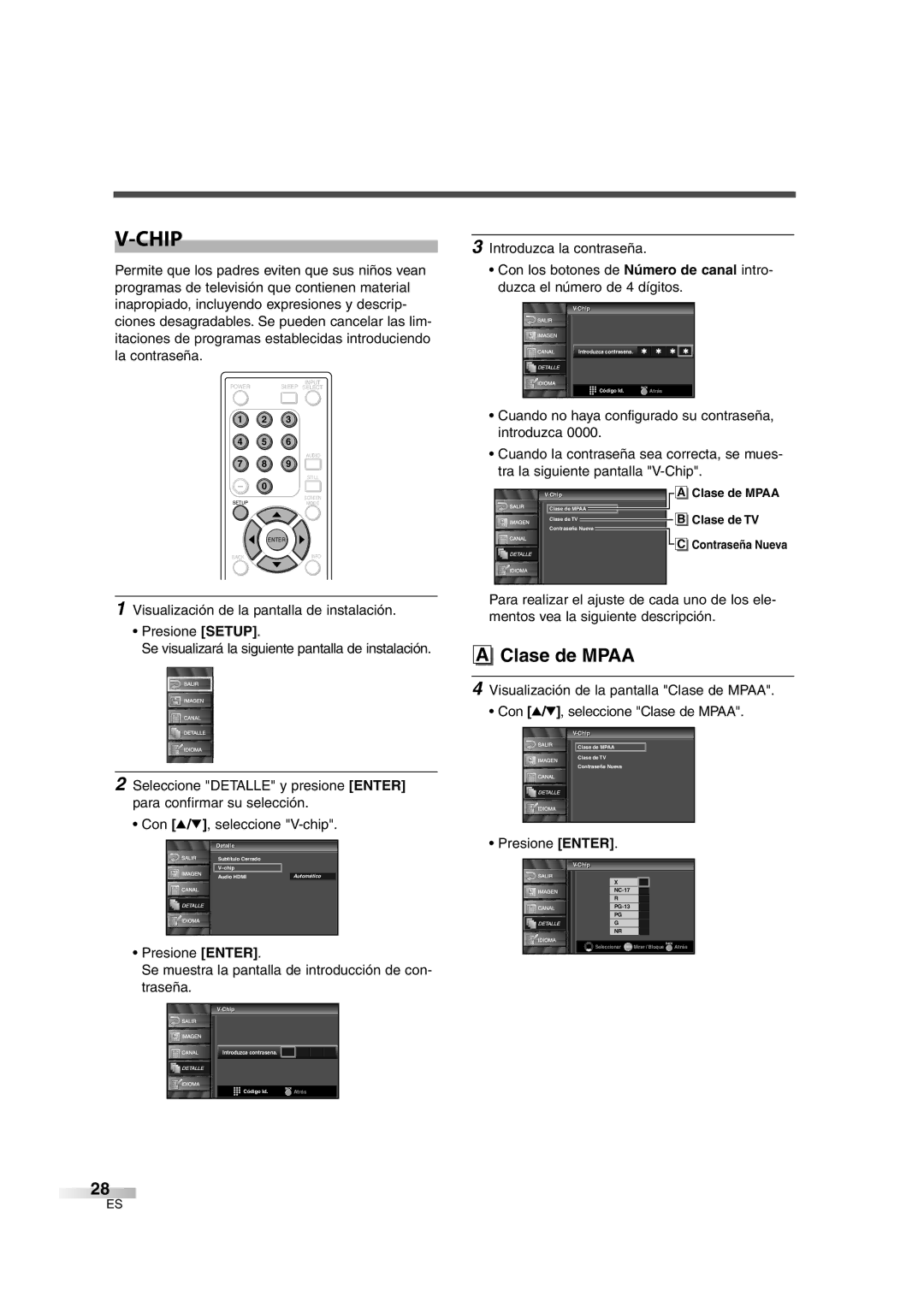 Sylvania SSL2606 owner manual Clase de Mpaa, Chipip Introduzca contrasena 