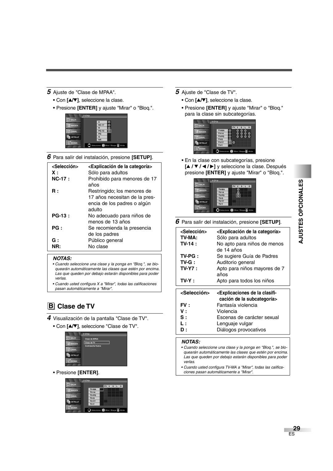 Sylvania SSL2606 owner manual Selección Explicación de la categoría, Tv-Ma, Tv-Pg, Tv-Y 