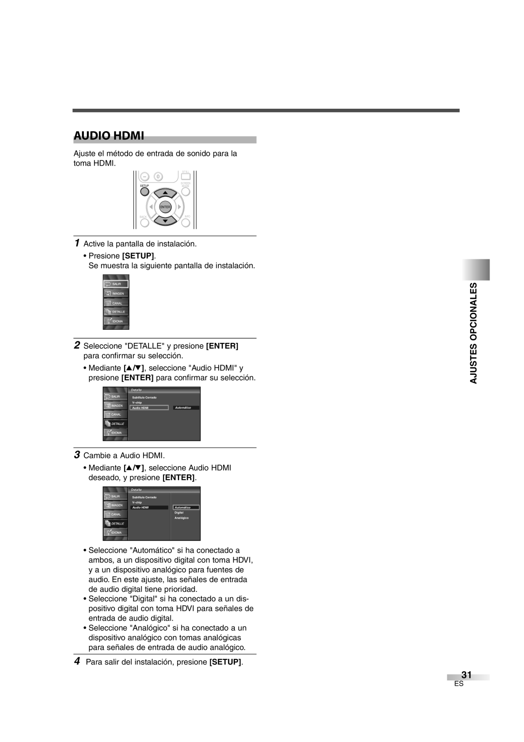 Sylvania SSL2606 owner manual Audio Hdmi, Ajuste el método de entrada de sonido para la toma Hdmi 