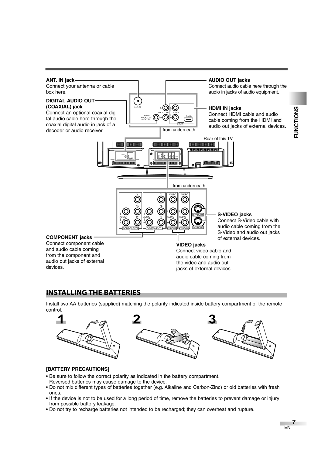 Sylvania SSL2606 owner manual Installing the Batteries, Functions, Battery Precautions 