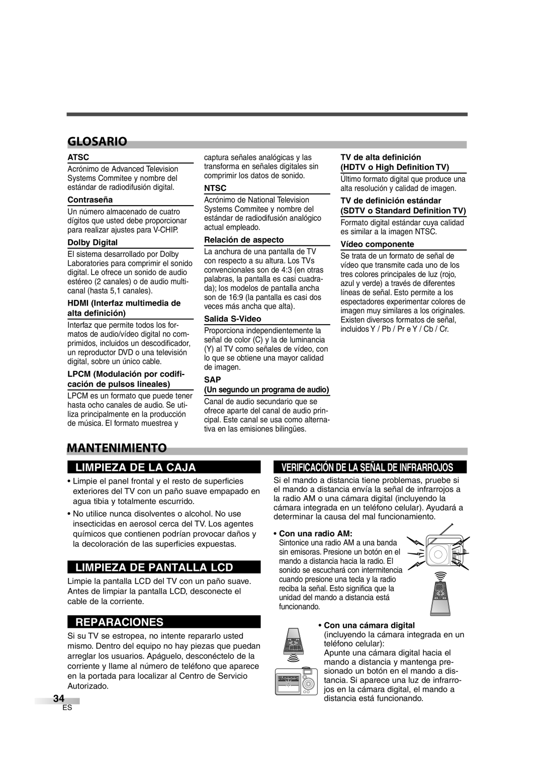 Sylvania SSL2606 owner manual Glosario, Mantenimiento 