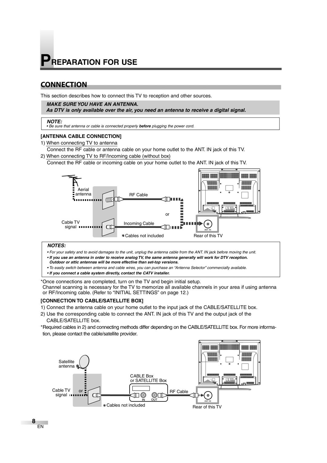 Sylvania SSL2606 owner manual Preparation for USE Connection, Antenna Cable Connection, Connection to CABLE/SATELLITE BOX 