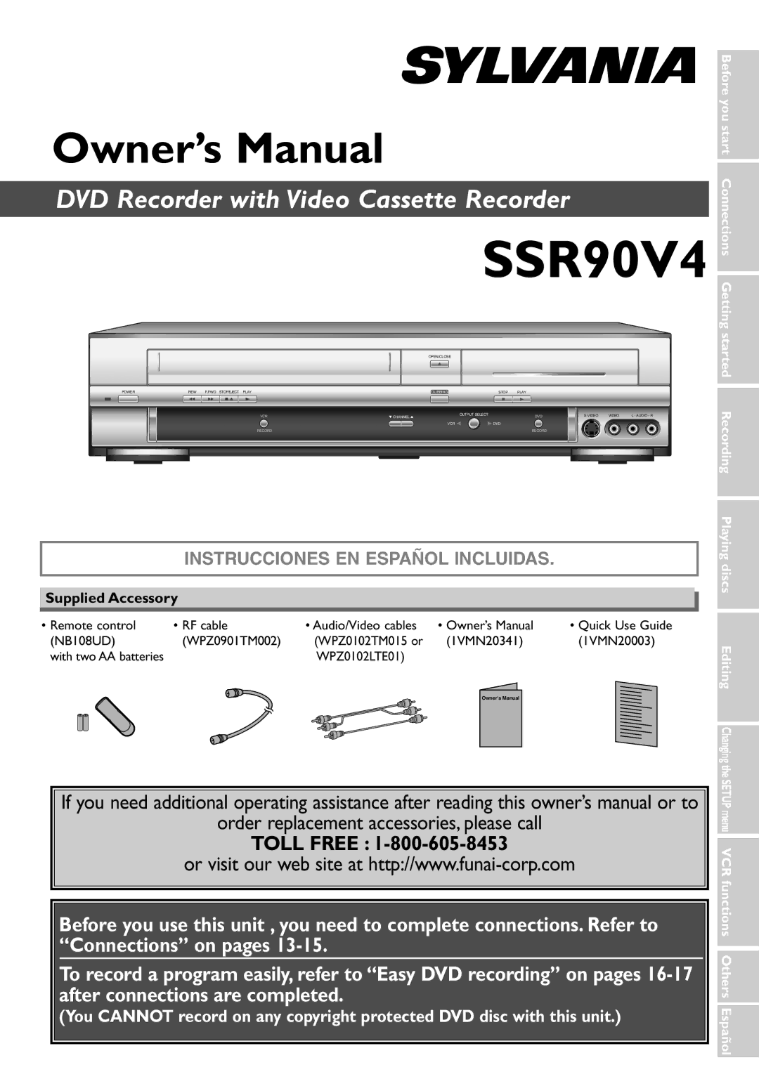 Sylvania SSR90V4 owner manual Supplied Accessory, Menu VCR functions Others Español 