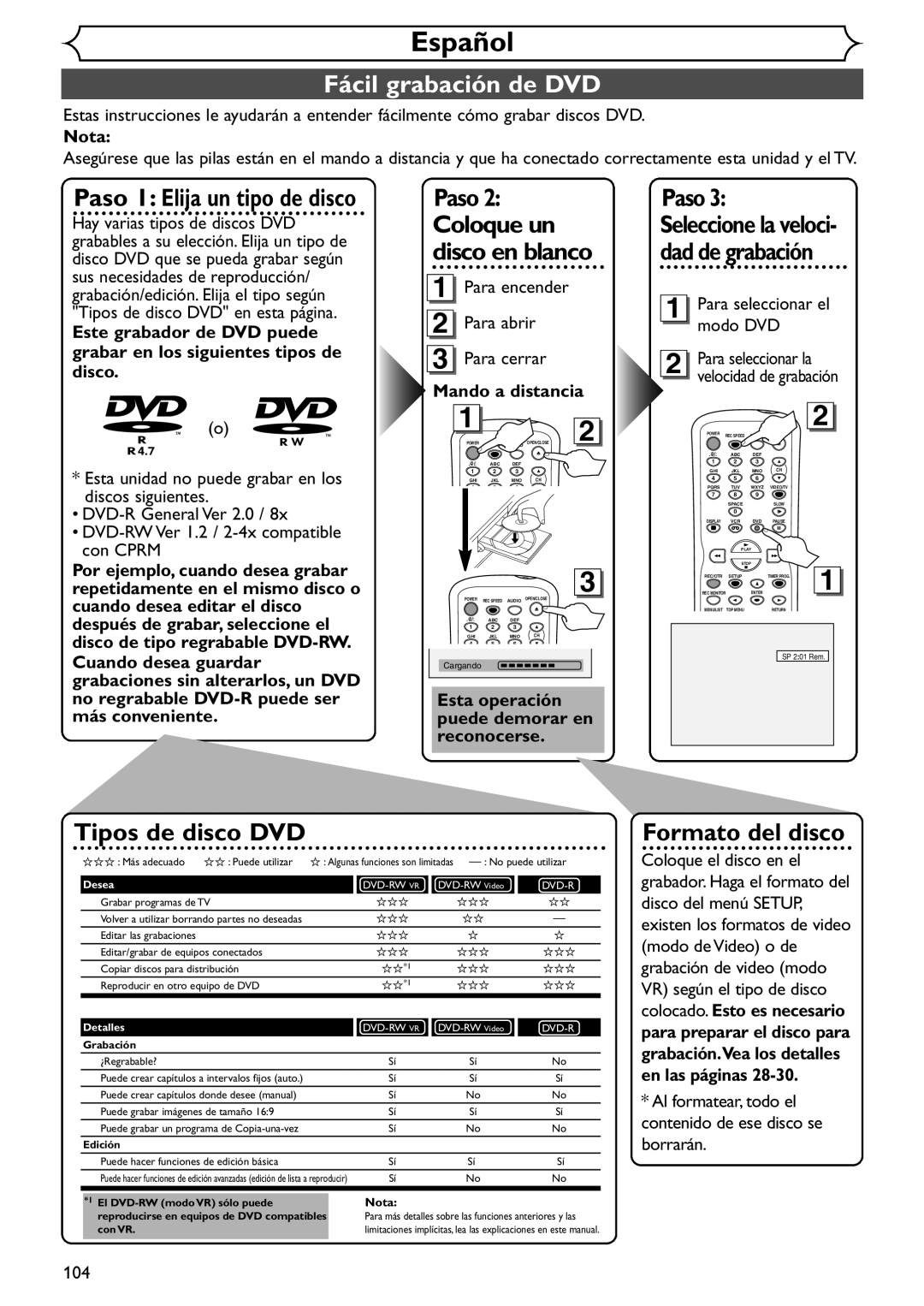 Sylvania SSR90V4 owner manual Español, Fácil grabación de DVD 