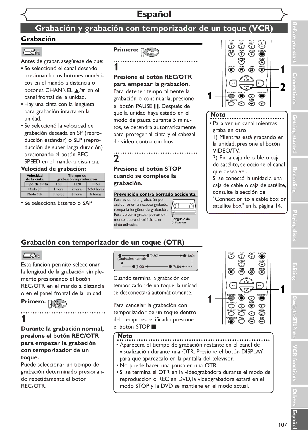 Sylvania SSR90V4 owner manual Grabación con temporizador de un toque OTR 