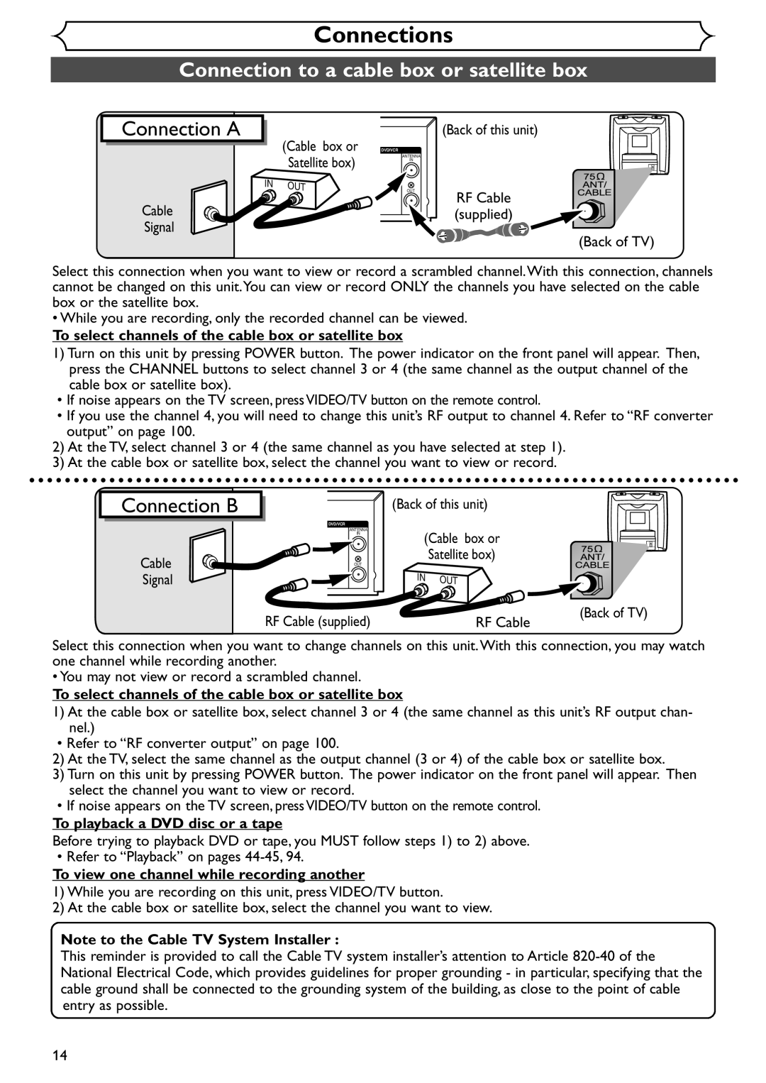 Sylvania SSR90V4 Connection to a cable box or satellite box, To select channels of the cable box or satellite box 