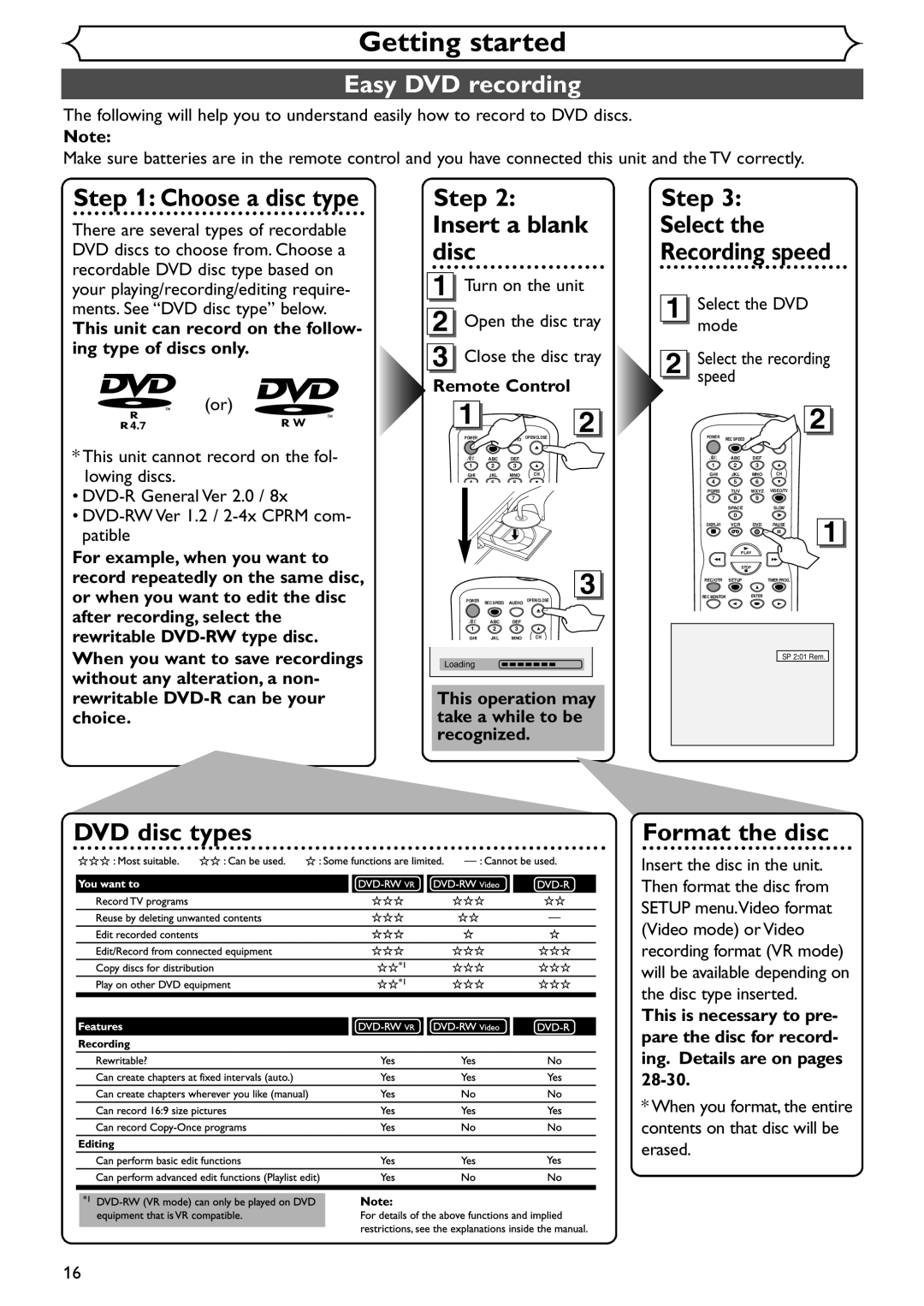 Sylvania SSR90V4 owner manual Getting started, Easy DVD recording 