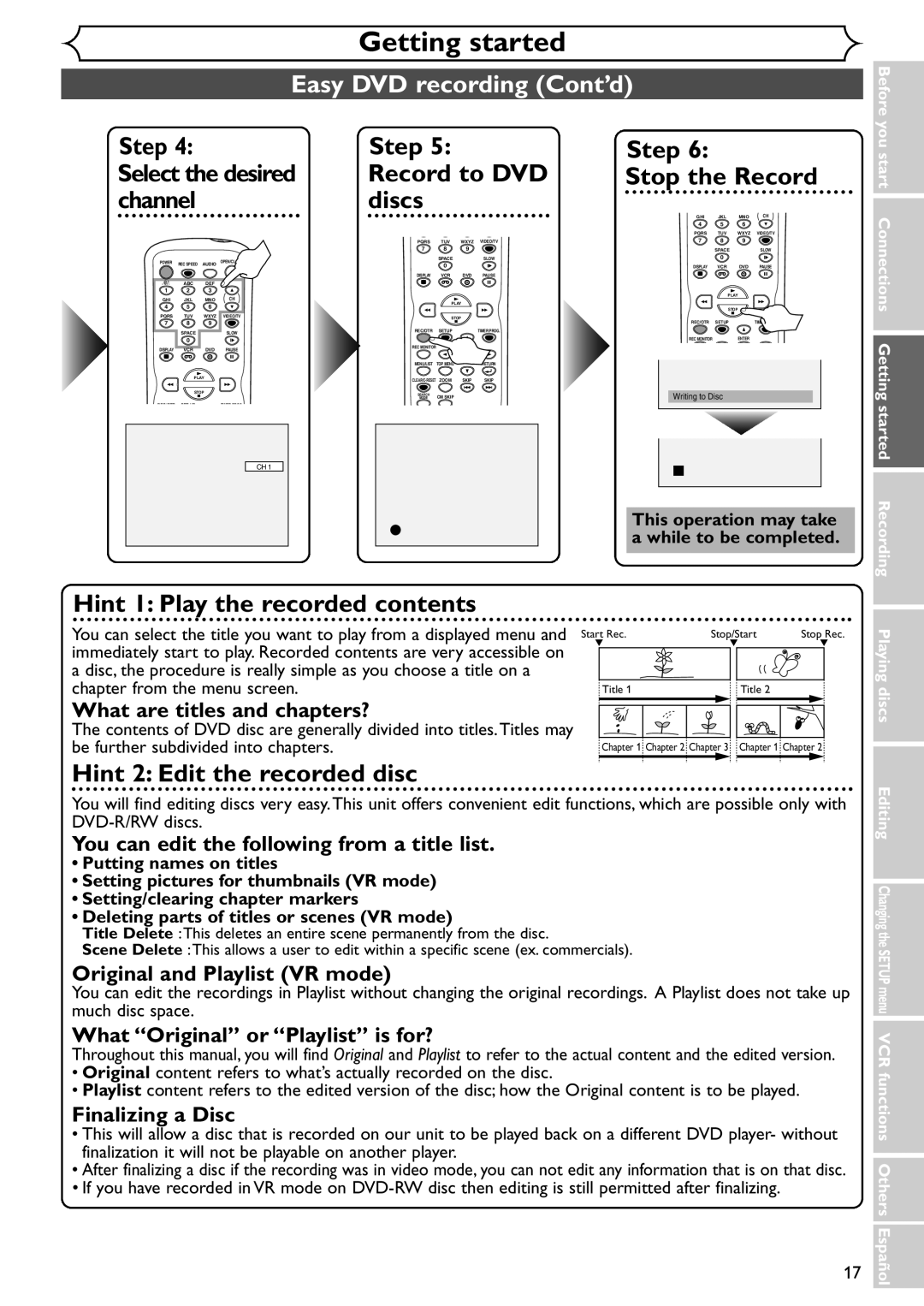 Sylvania SSR90V4 owner manual Easy DVD recording Cont’d, Channel Discs 