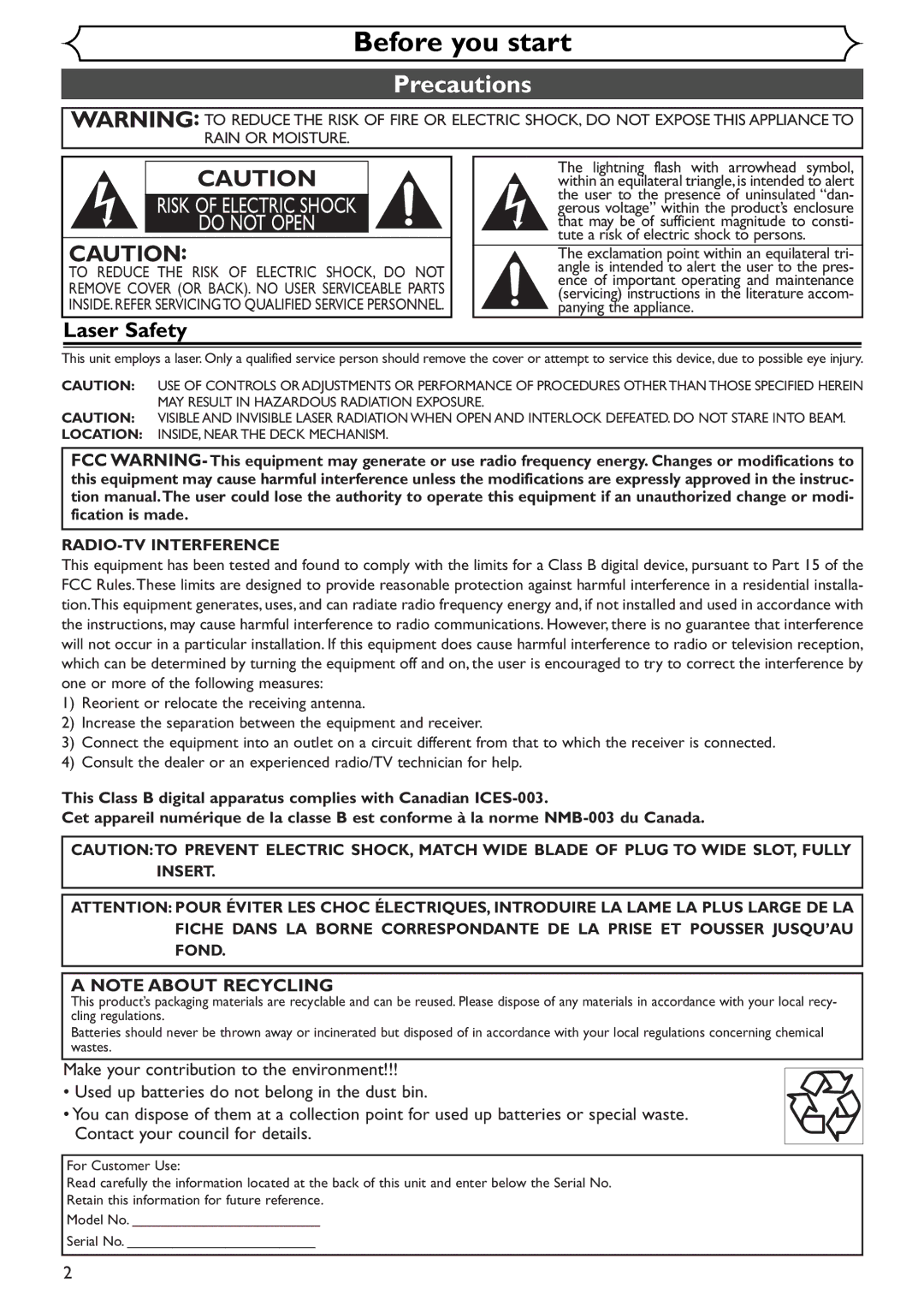 Sylvania SSR90V4 owner manual Before you start, Precautions, Laser Safety, Model No Serial No 