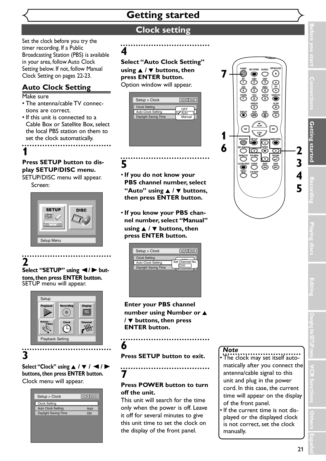 Sylvania SSR90V4 owner manual Clock setting, Auto Clock Setting, Select Setup using / B but 