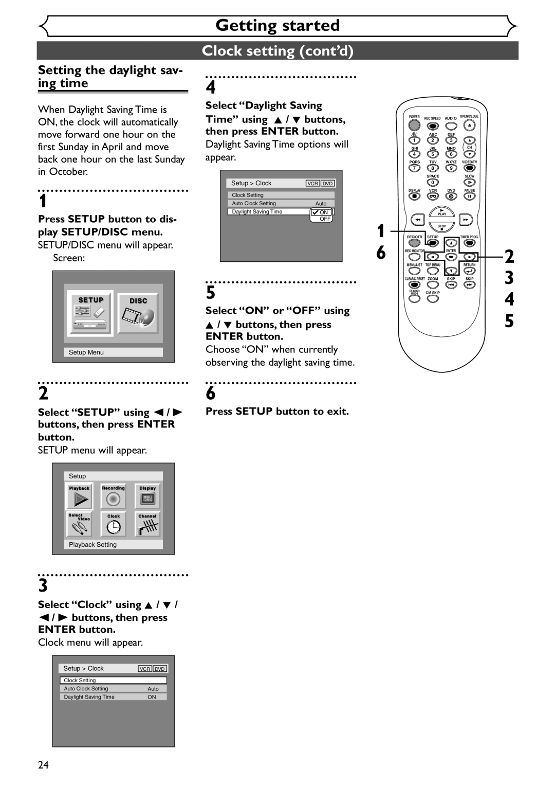 Sylvania SSR90V4 owner manual Setting the daylight sav- ing time, Daylight Saving Time options will appear 