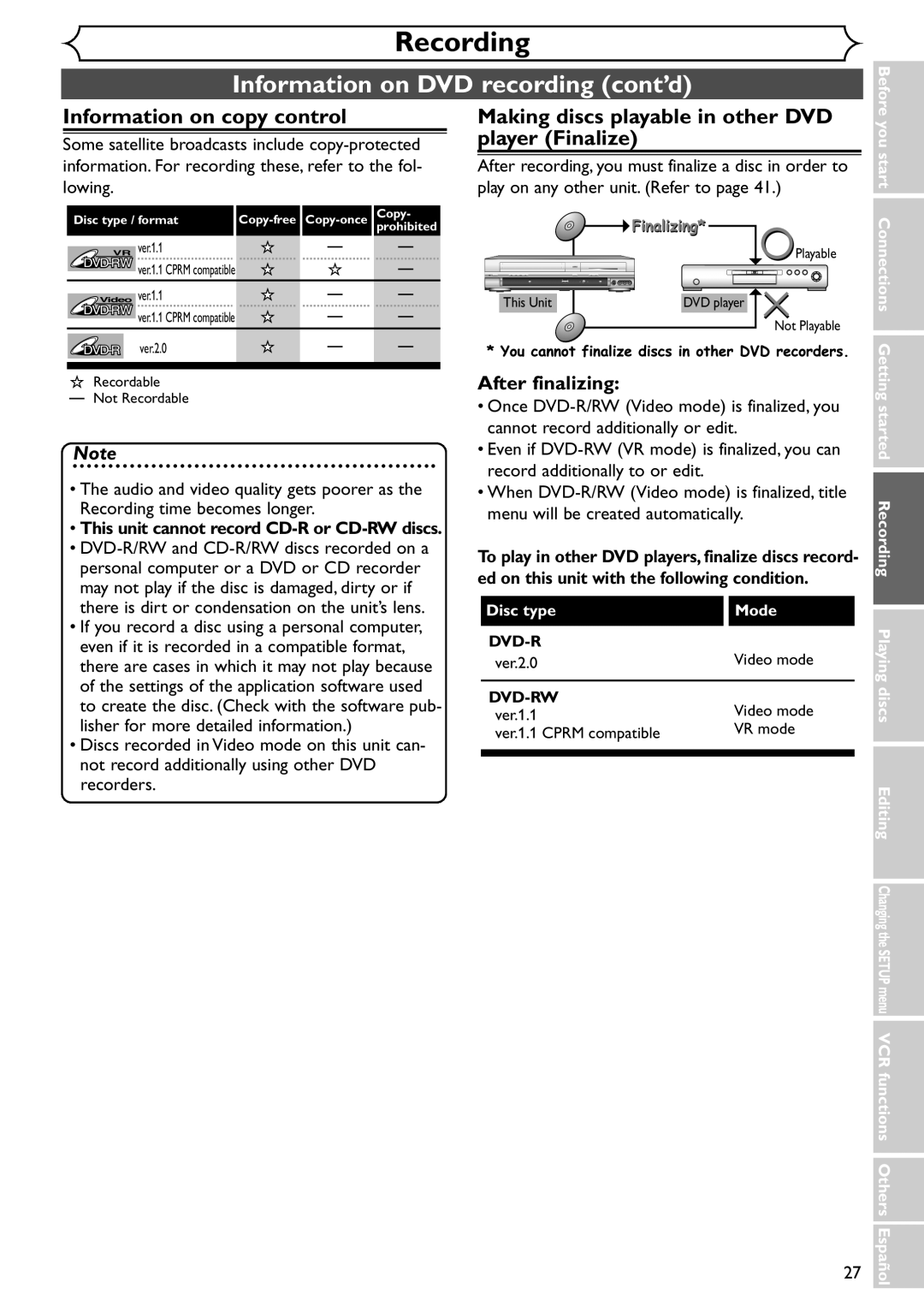 Sylvania SSR90V4 owner manual Information on DVD recording cont’d, Information on copy control, Disc type Mode 