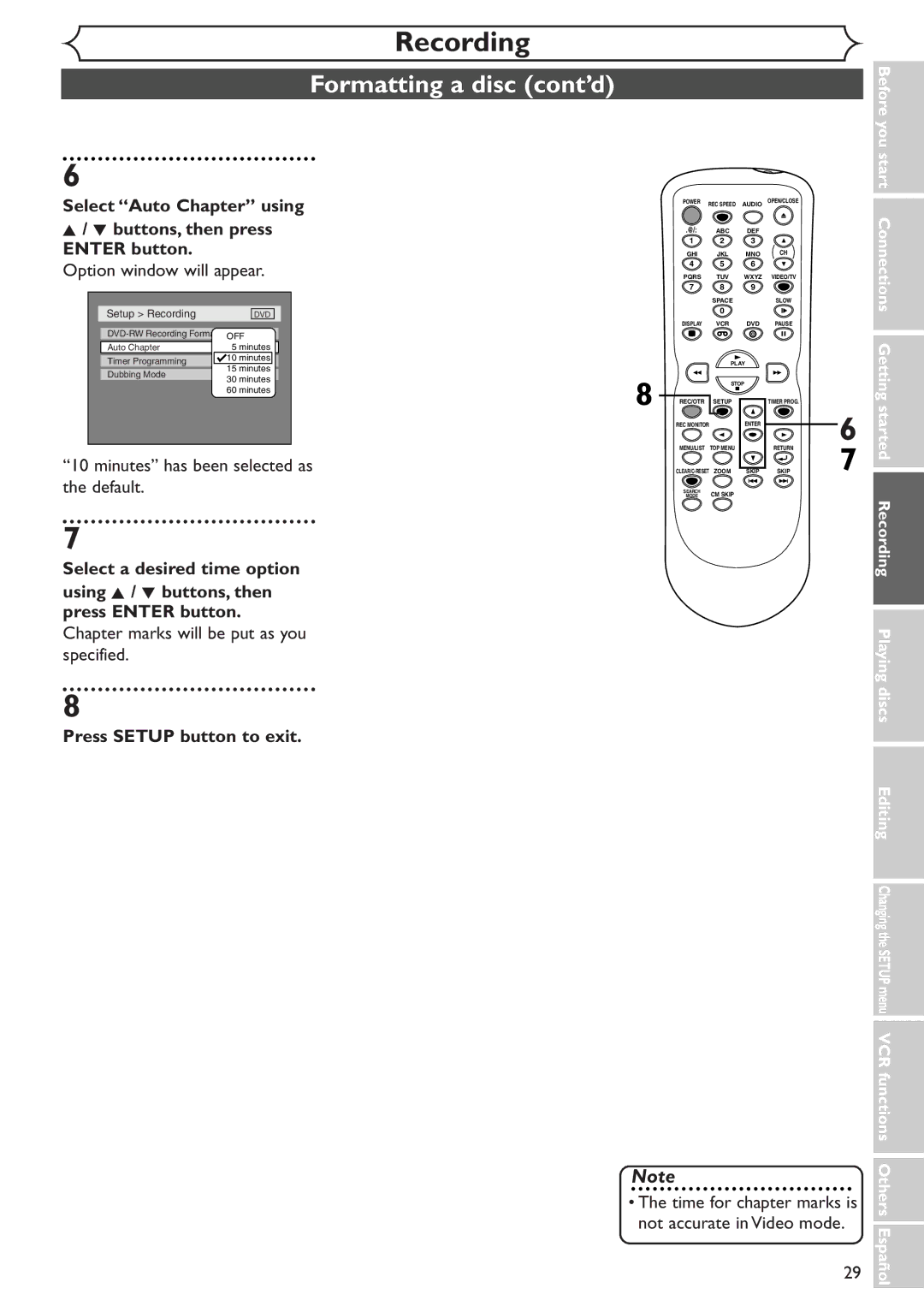 Sylvania SSR90V4 owner manual Formatting a disc cont’d, Select Auto Chapter using, Option window will appear, Default 