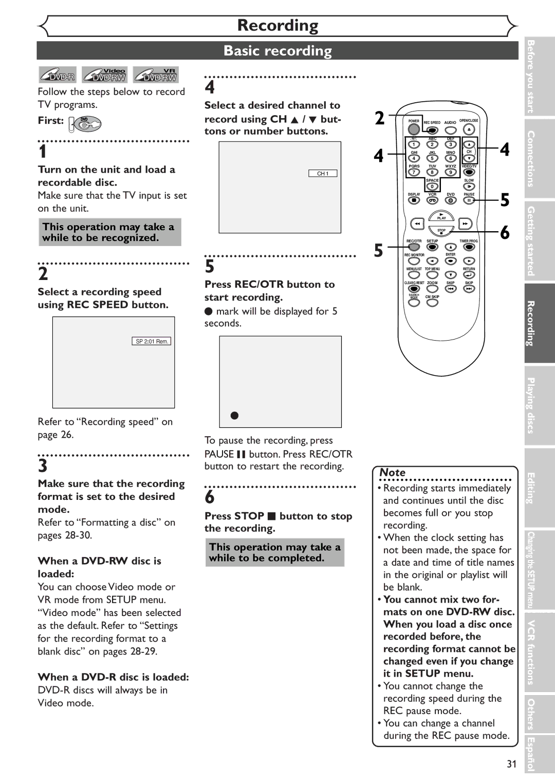 Sylvania SSR90V4 owner manual Basic recording 