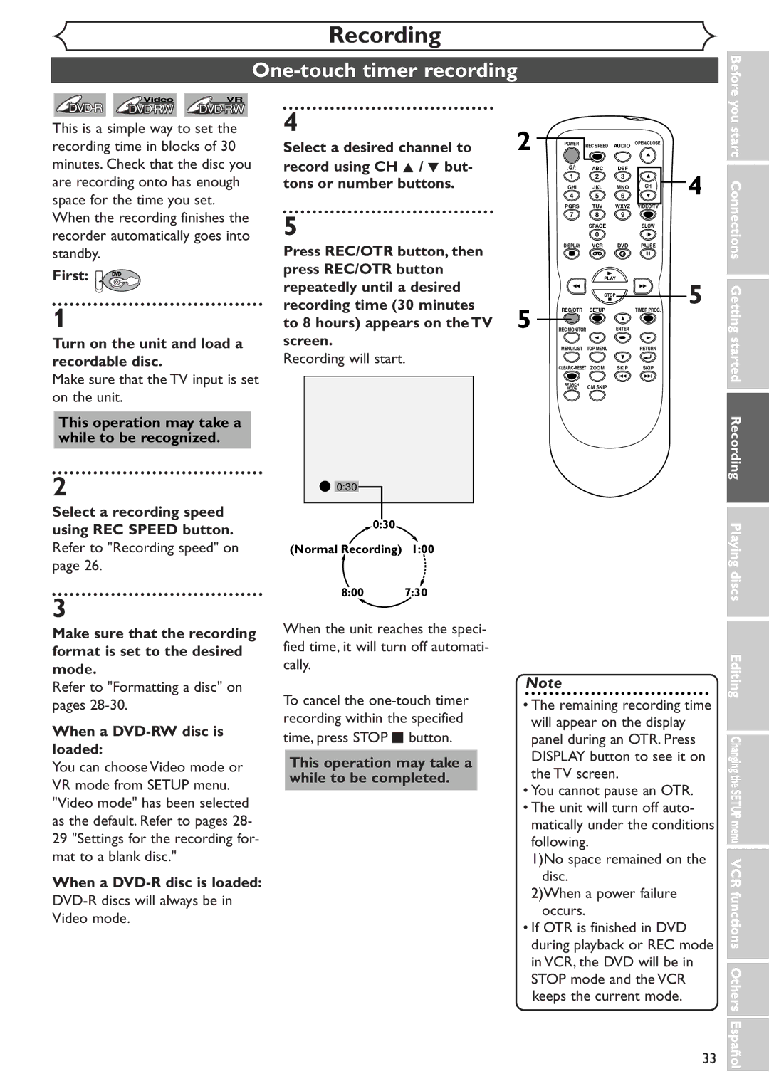 Sylvania SSR90V4 owner manual One-touch timer recording, Recording will start, You start, Getting started 