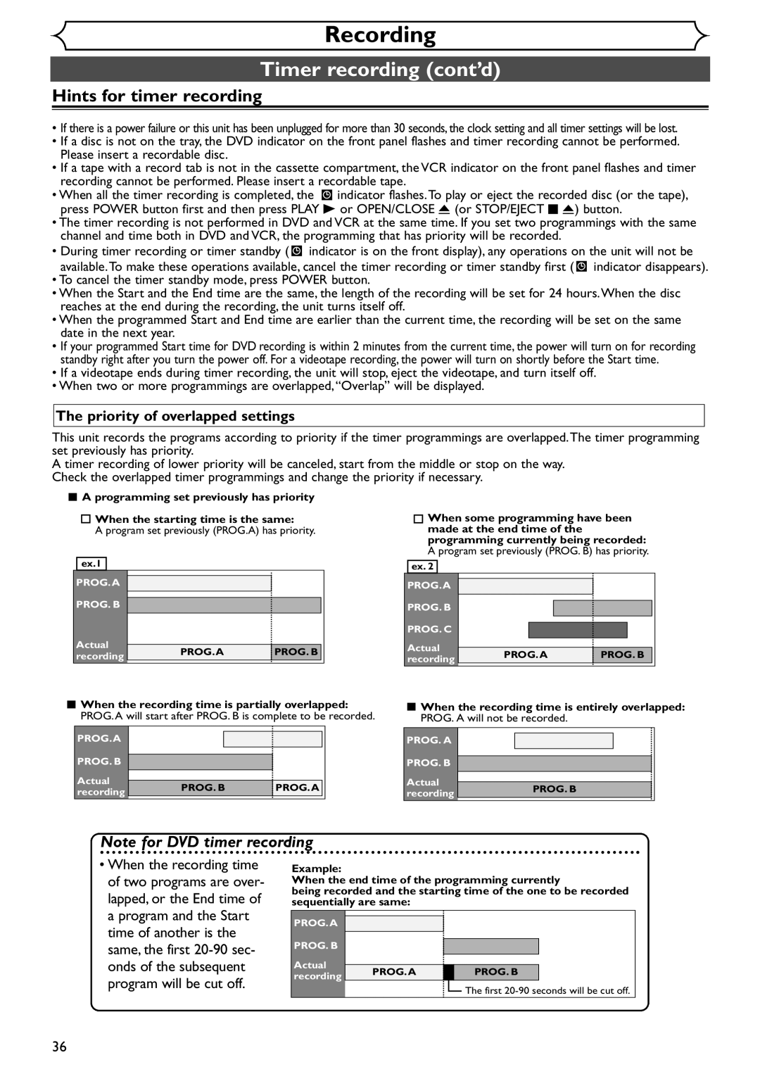 Sylvania SSR90V4 owner manual Hints for timer recording, Priority of overlapped settings 