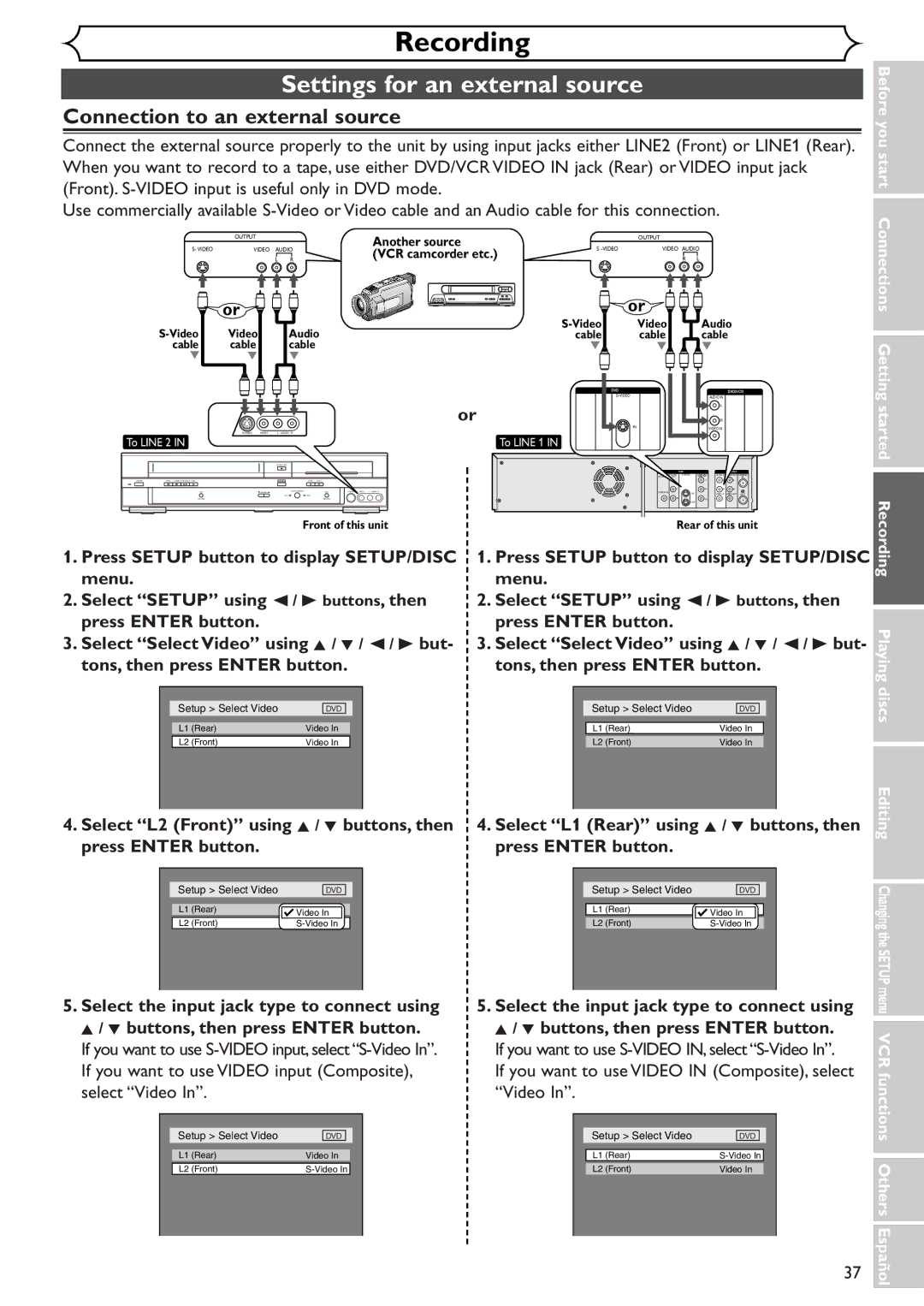 Sylvania SSR90V4 owner manual Settings for an external source, Connection to an external source 