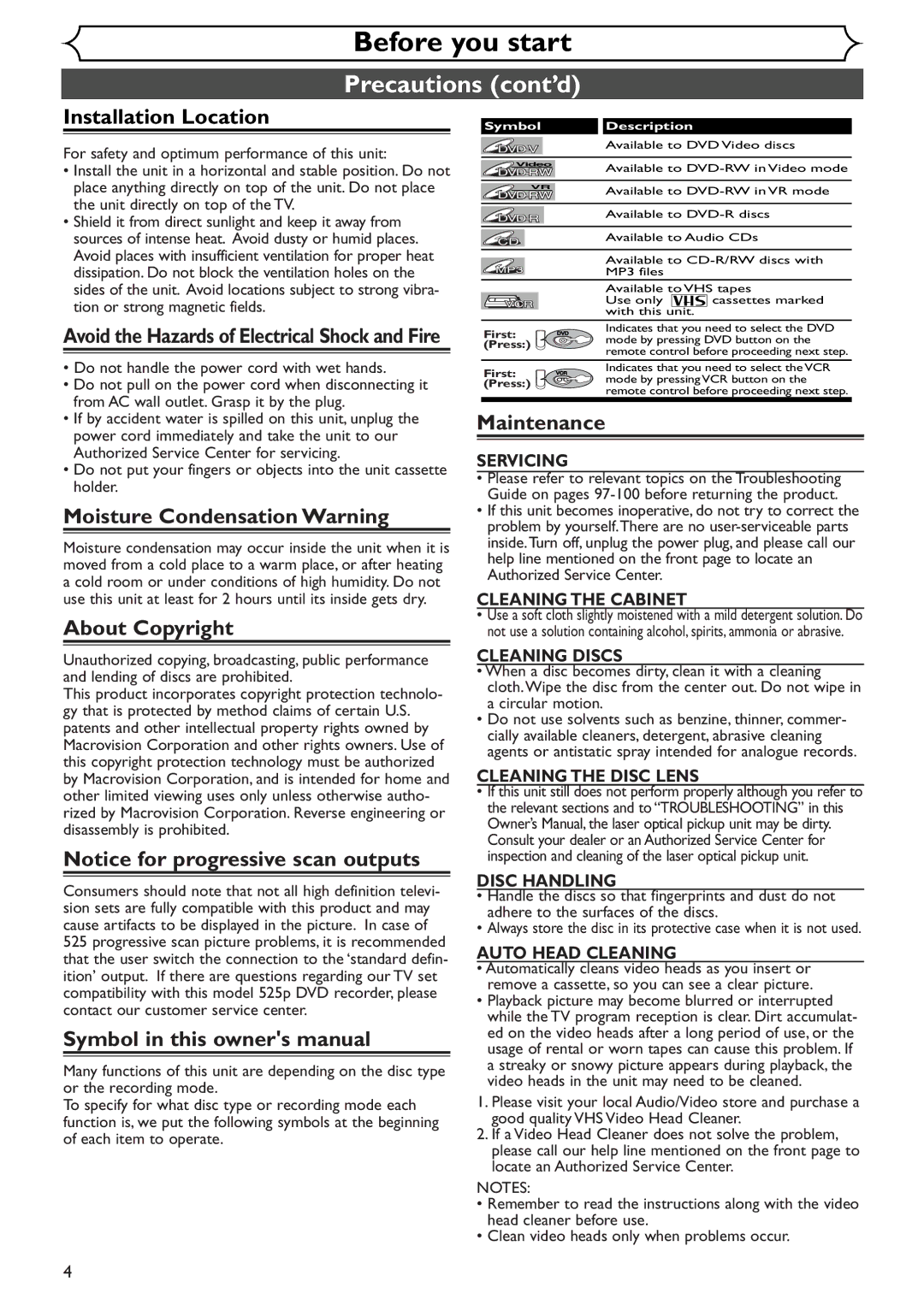 Sylvania SSR90V4 owner manual Installation Location, Moisture Condensation Warning, About Copyright, Maintenance 