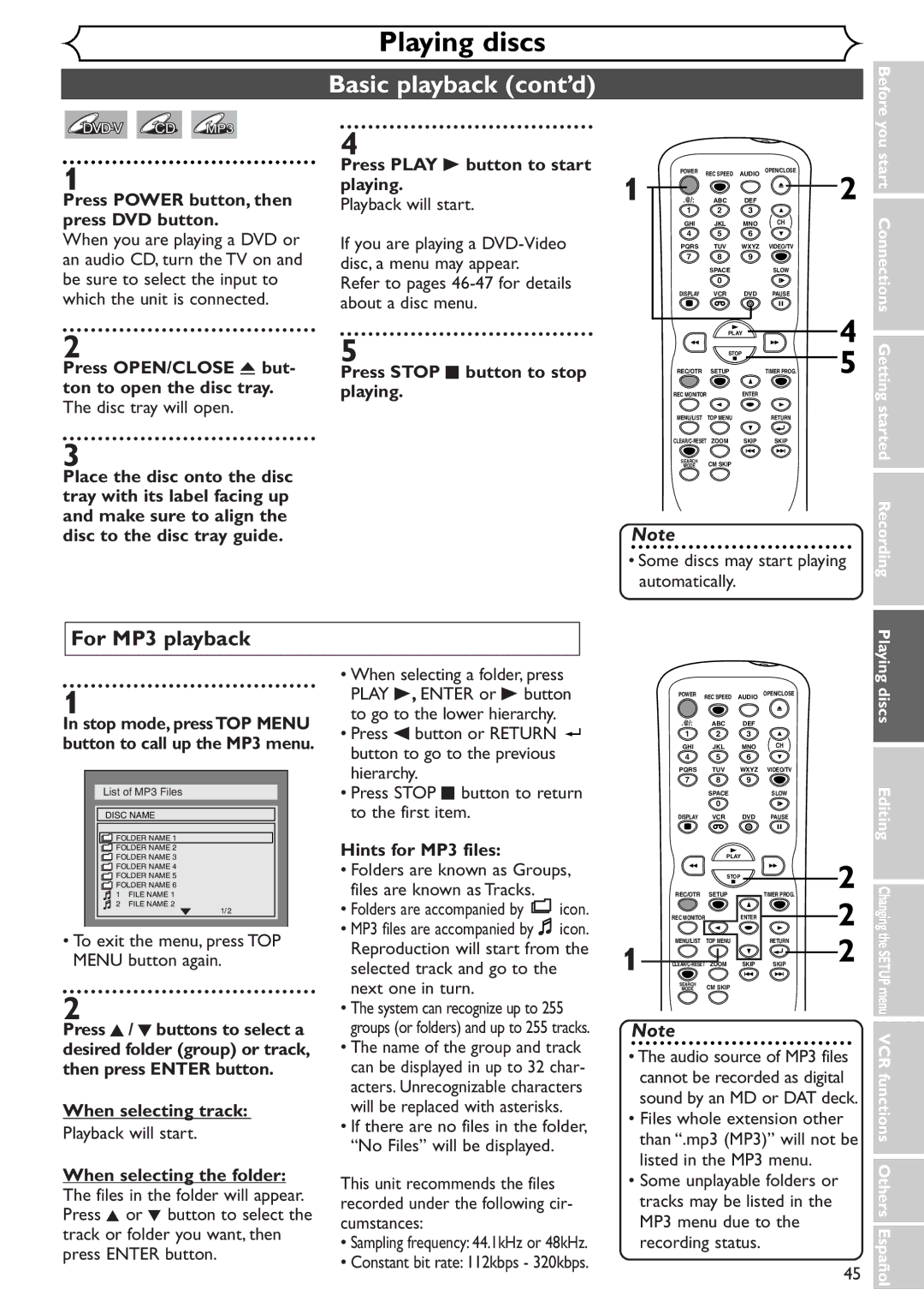 Sylvania SSR90V4 Basic playback cont’d, For MP3 playback, Press Play B button to start playing, When selecting track 