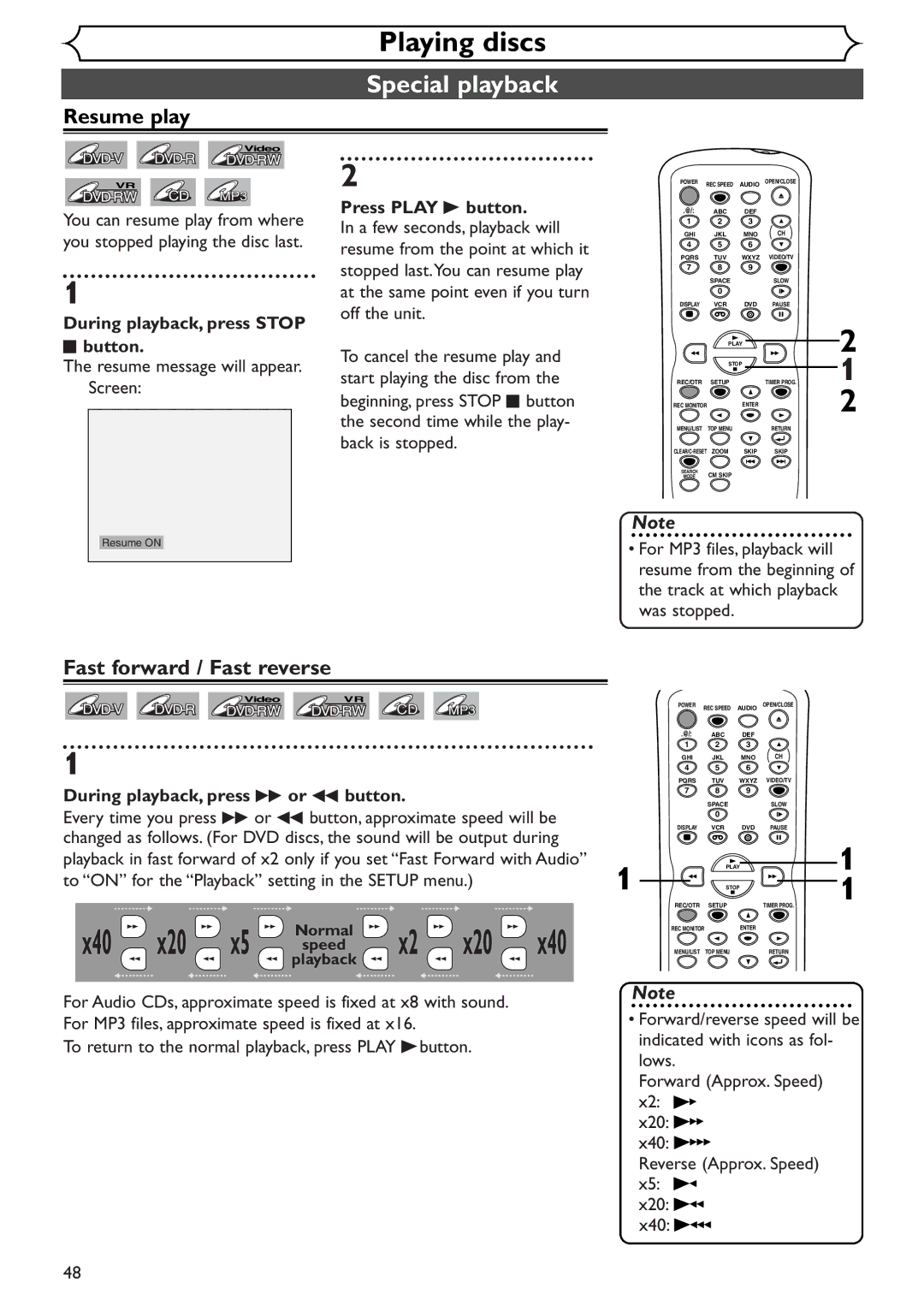 Sylvania SSR90V4 owner manual Special playback, Resume play, Fast forward / Fast reverse 