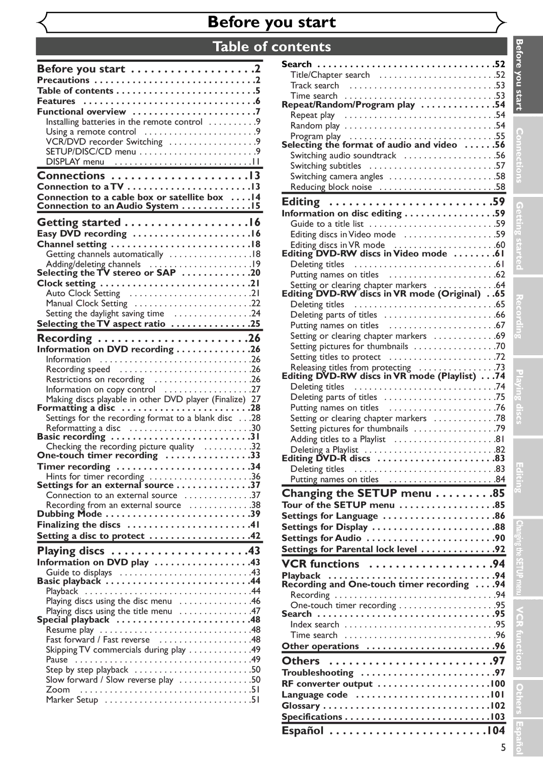 Sylvania SSR90V4 owner manual Table of contents 