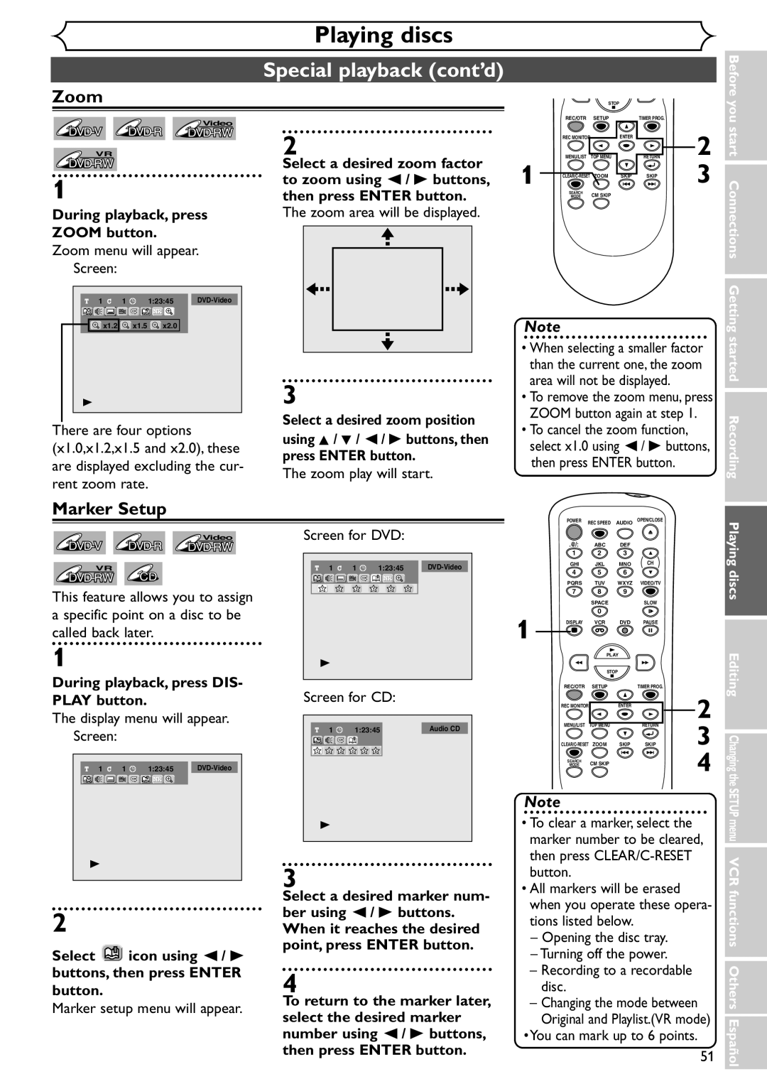 Sylvania SSR90V4 owner manual Zoom, Marker Setup 