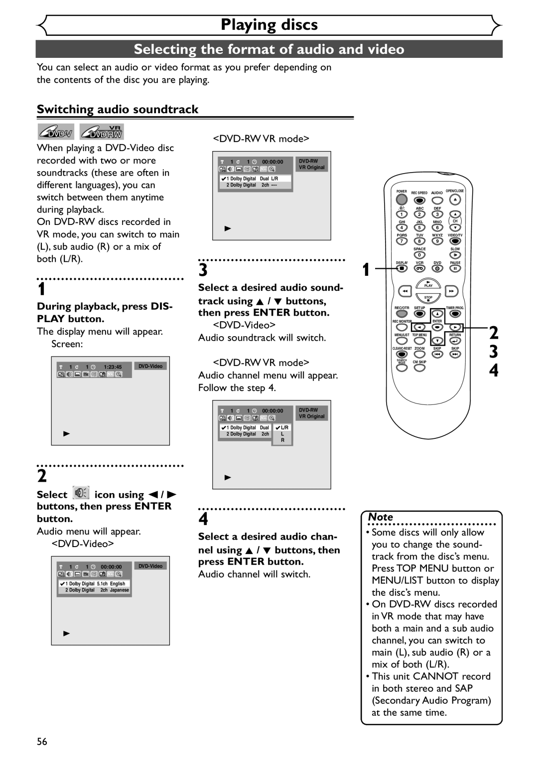 Sylvania SSR90V4 owner manual Selecting the format of audio and video, Switching audio soundtrack 