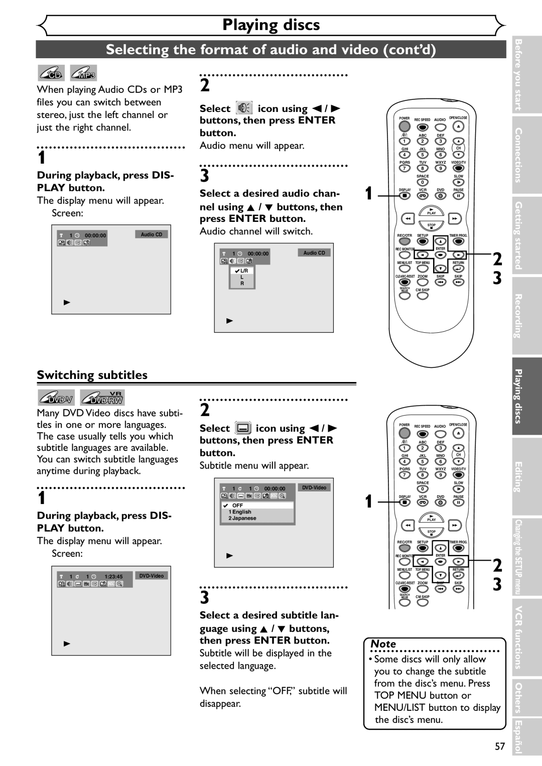 Sylvania SSR90V4 owner manual Selecting the format of audio and video cont’d, Switching subtitles 