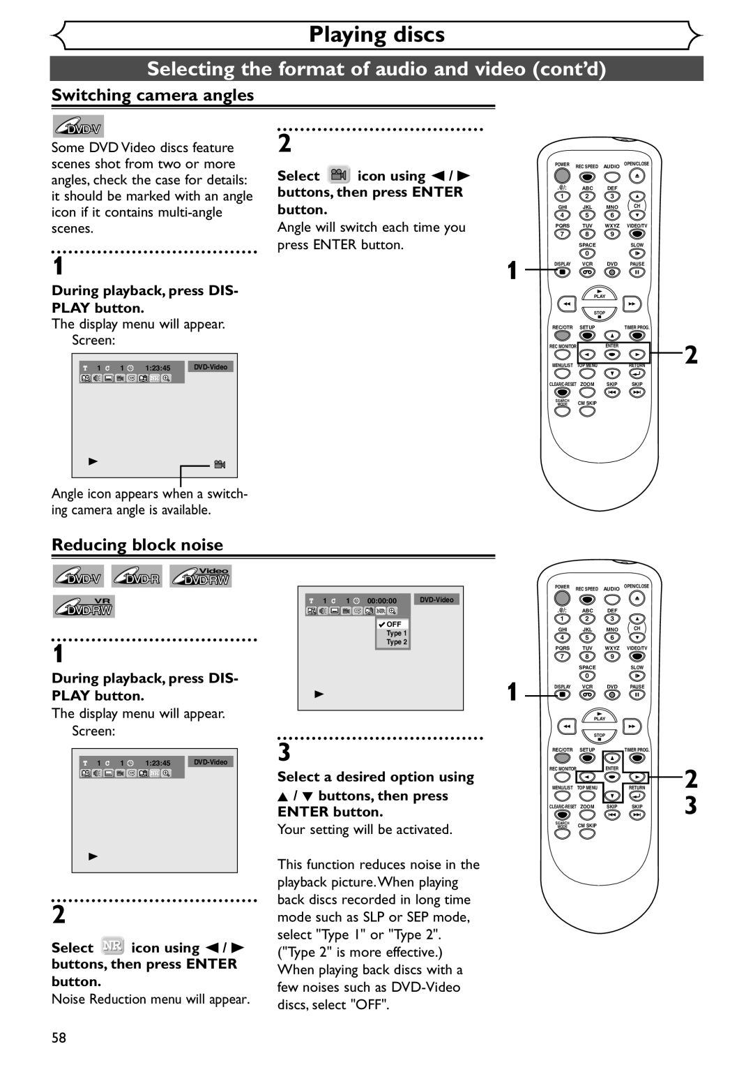 Sylvania SSR90V4 owner manual Switching camera angles, Reducing block noise 