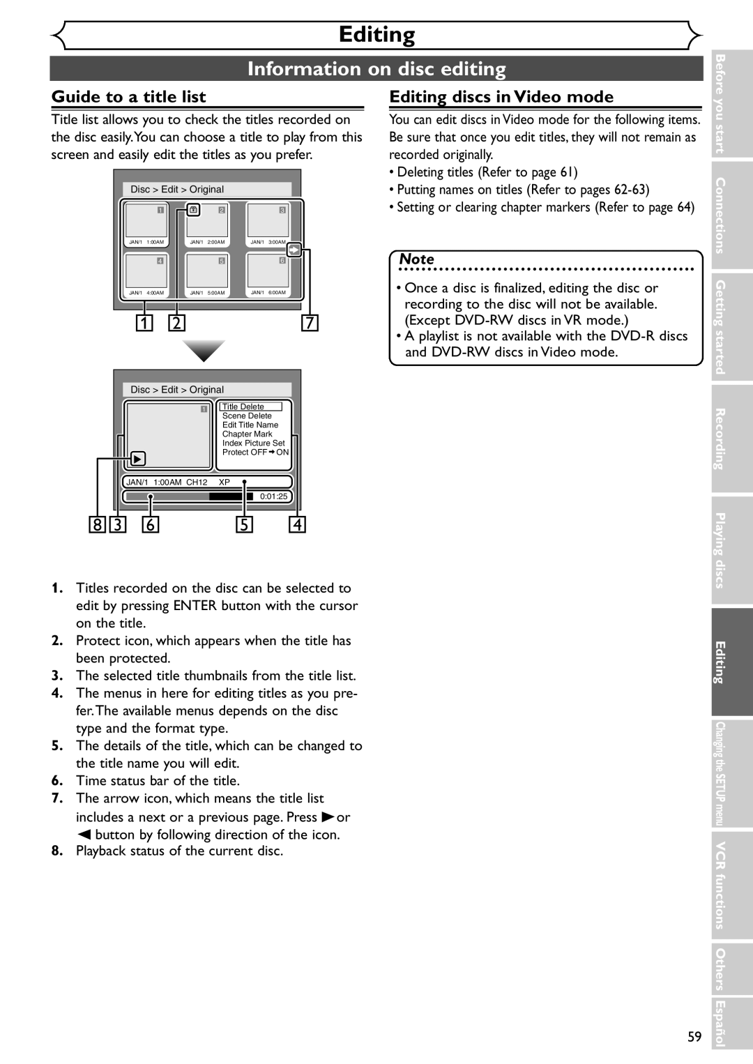 Sylvania SSR90V4 owner manual Information on disc editing, Guide to a title list, Editing discs in Video mode 