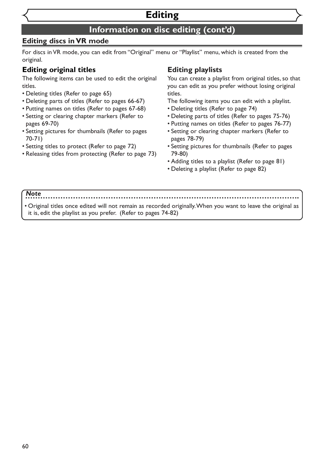 Sylvania SSR90V4 Information on disc editing cont’d, Editing discs in VR mode, Editing original titles, Editing playlists 