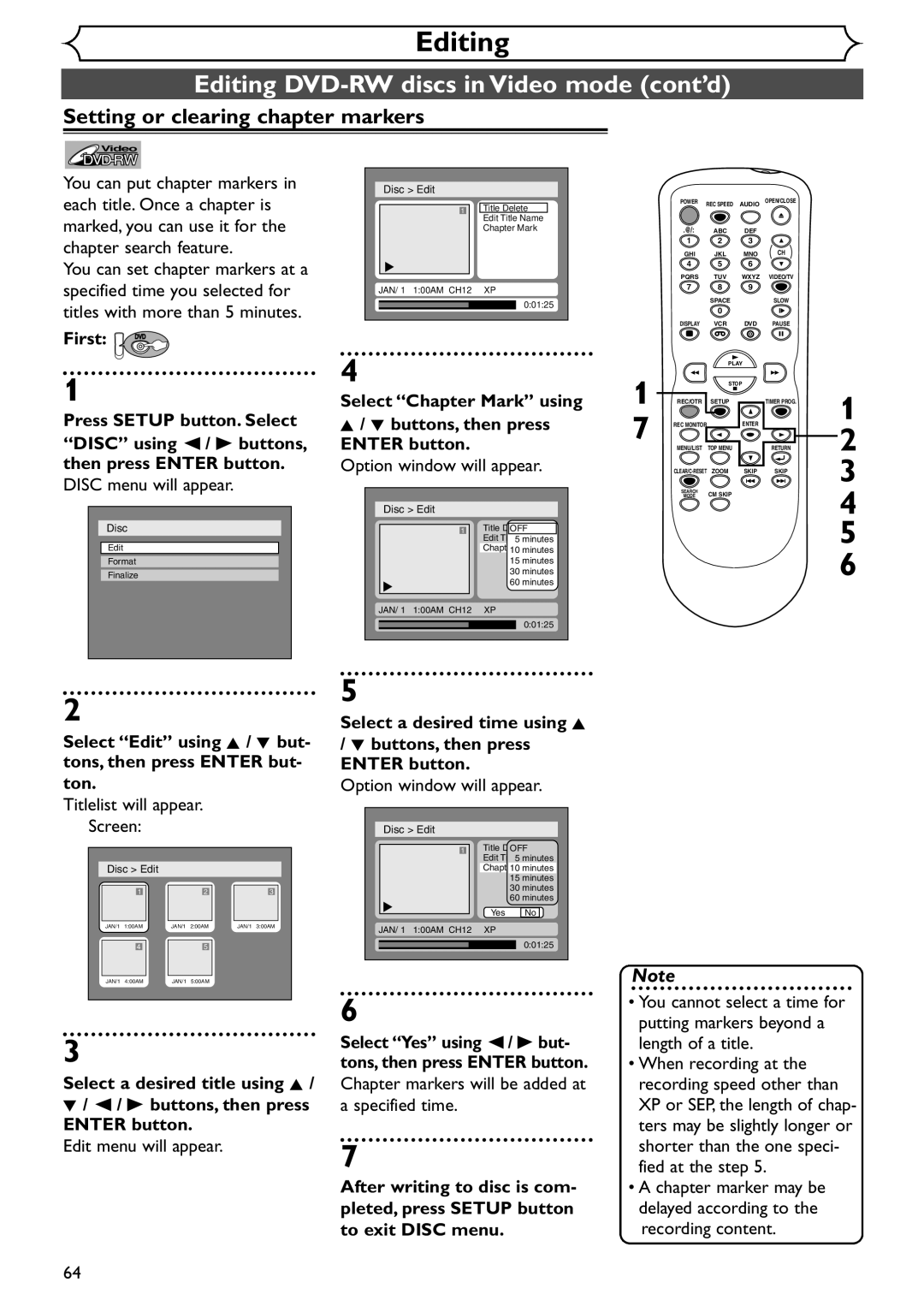 Sylvania SSR90V4 owner manual Setting or clearing chapter markers, Select Chapter Mark using 